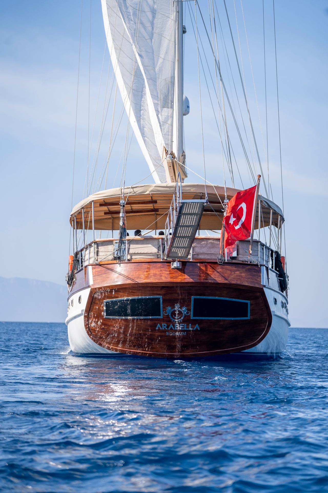 Arabella gulet stern view showing wooden transom, Turkish flag, and rigging details