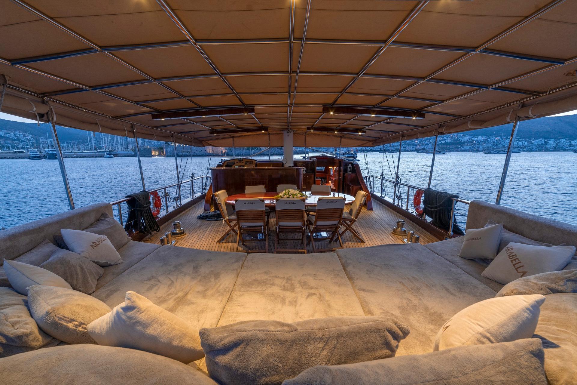 luxury yacht aft deck with U-shaped seating area and dining table under awning at marina