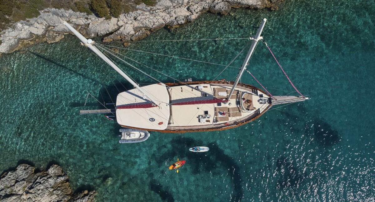 Aerial view of traditional wooden gulet yacht anchored in crystal clear turquoise bay