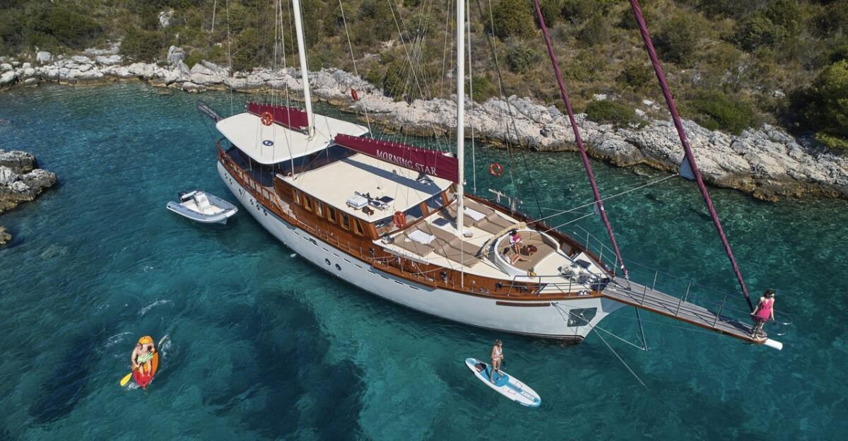 Aerial view of Morning Star gulet yacht anchored in crystal clear Mediterranean waters