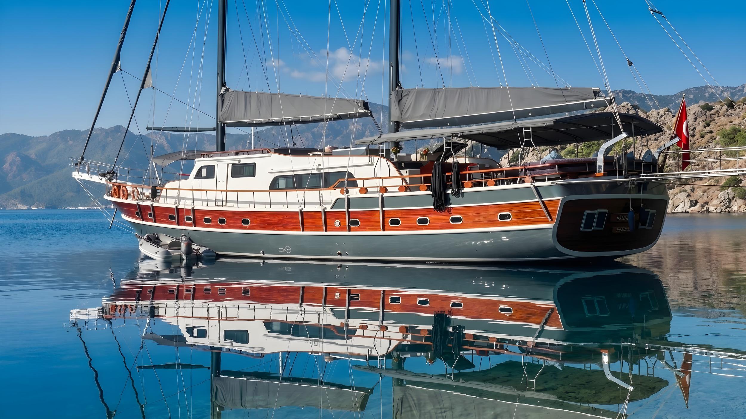 Traditional wooden gulet with orange and white hull anchored in calm Mediterranean bay with mountain coastline