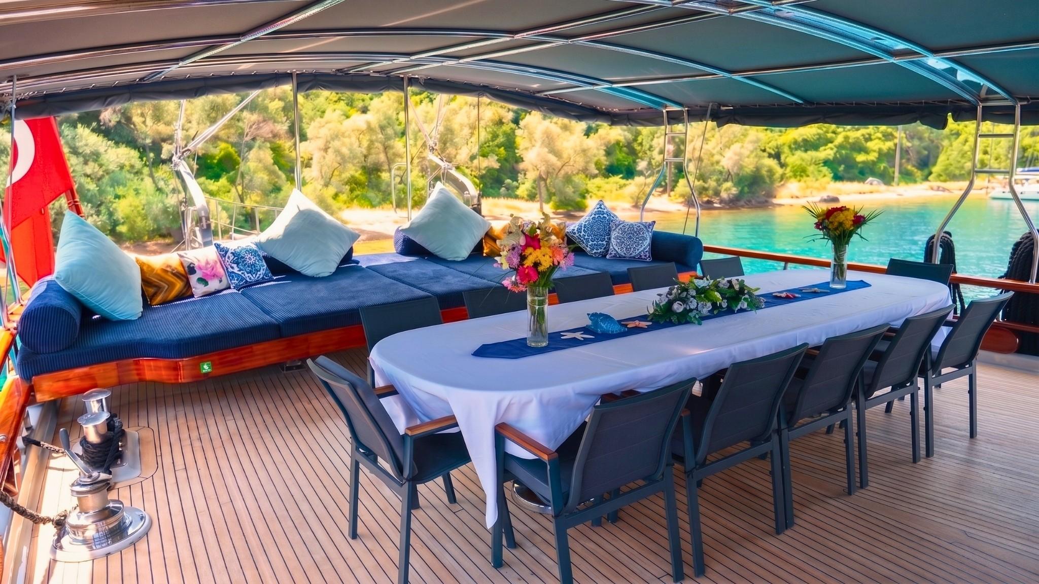 yacht aft deck with white dining table, blue chairs and cushioned seating area