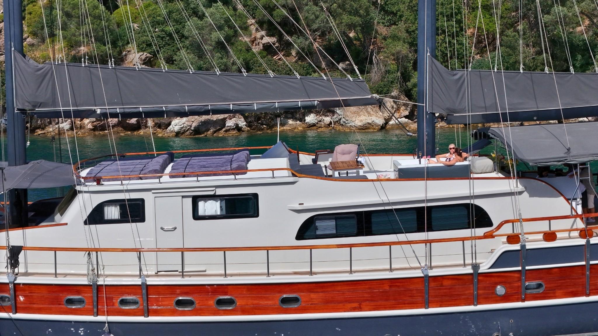 Luxury gulet starboard exterior with teak rail, sun deck cushioned loungers, and guest relaxing at anchor in turquoise bay
