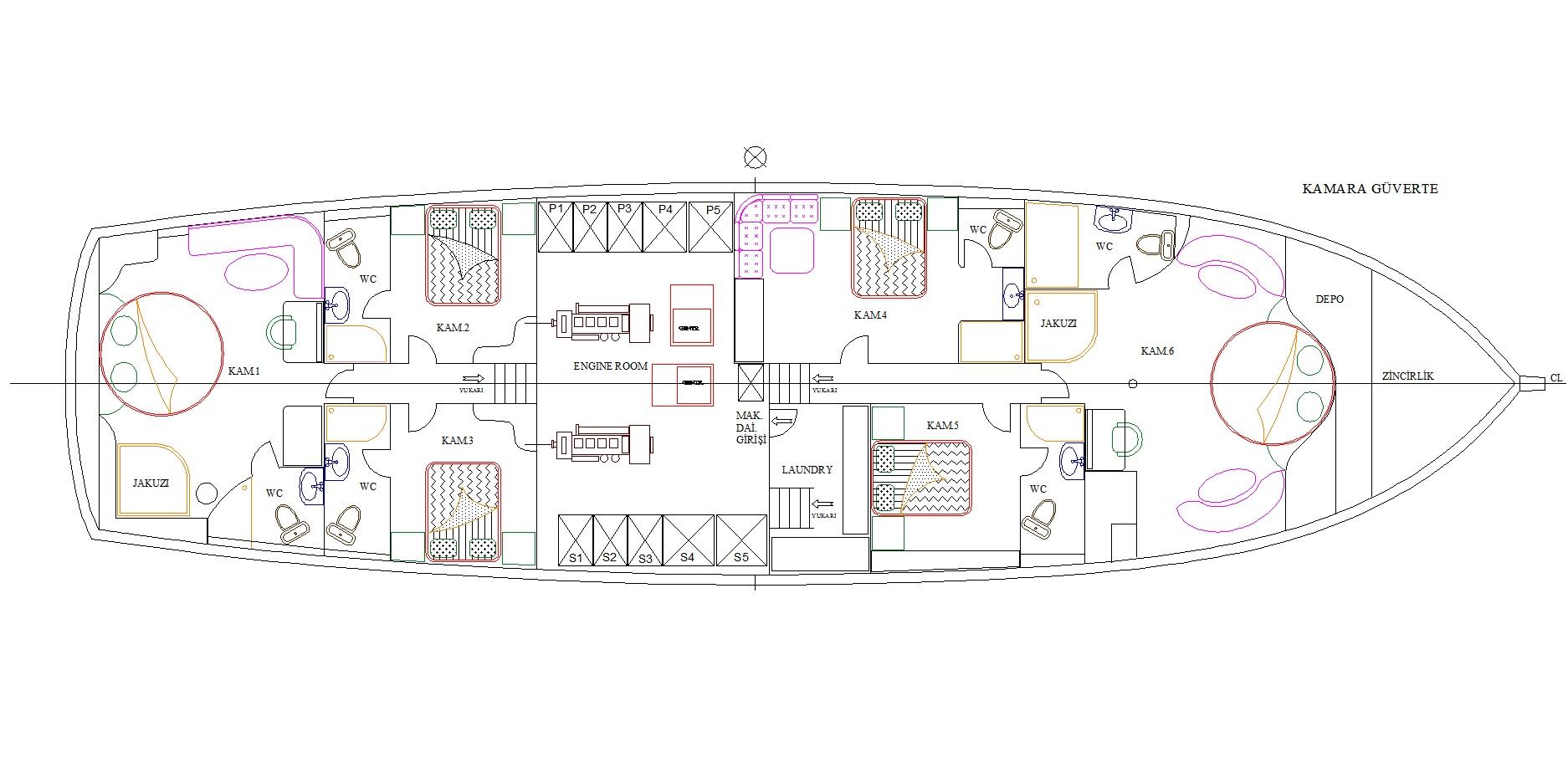 Kamara Güverte deck plan showing six cabins, two jacuzzis, laundry room, engine room and anchor storage