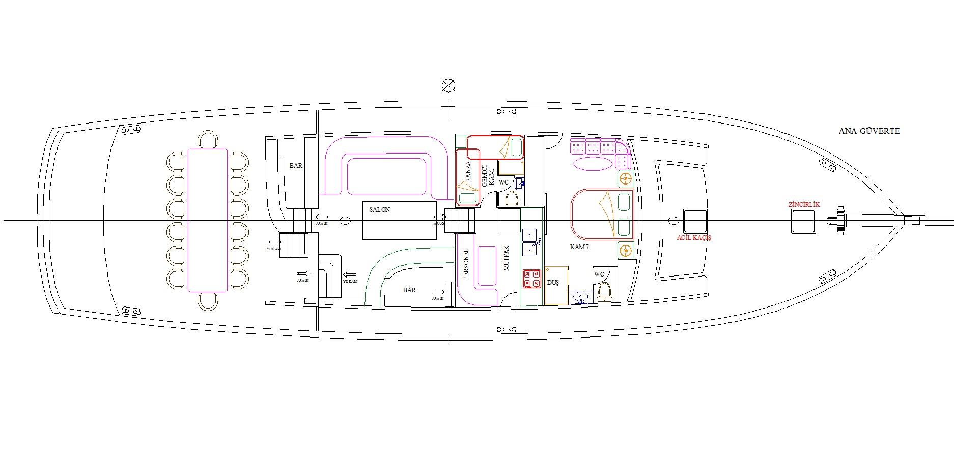 Ana Güverte main deck plan showing salon, bar, mutfak kitchen, crew cabin, WC, shower and cabin 7