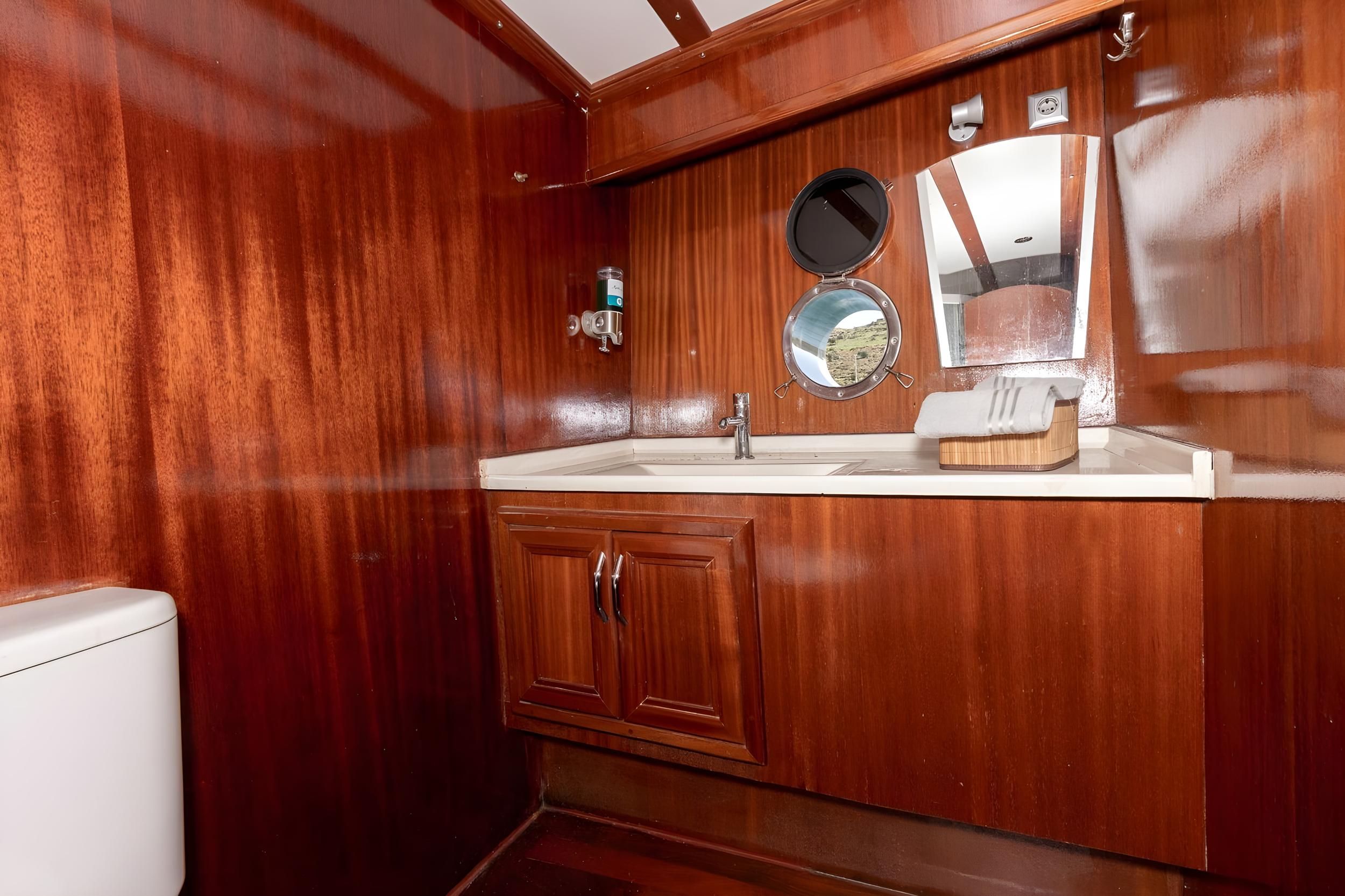 yacht bathroom featuring rich wood paneling, marble countertop vanity, and circular porthole mirror
