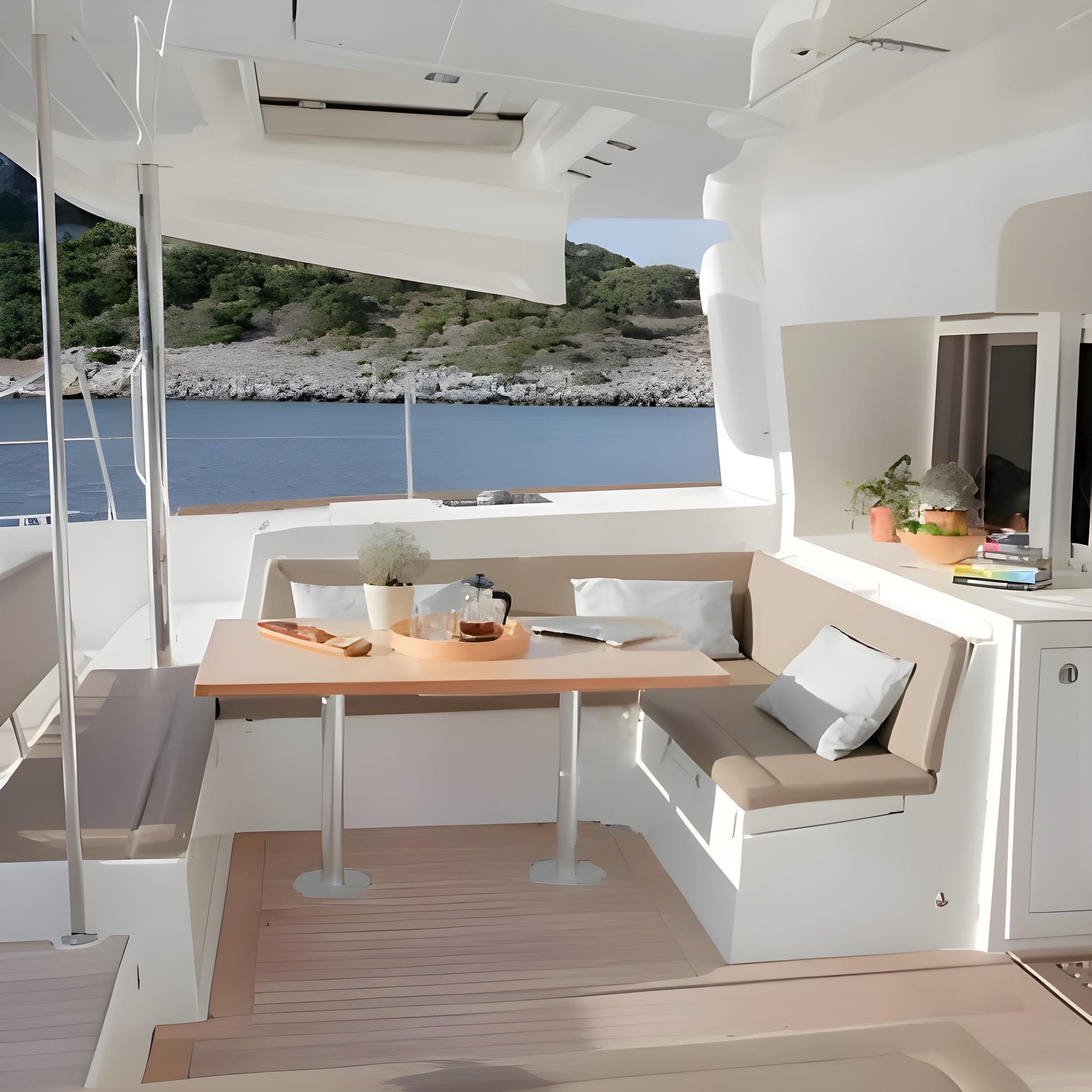 Lagoon 450F gulet amenities lifestyle dining in Greece