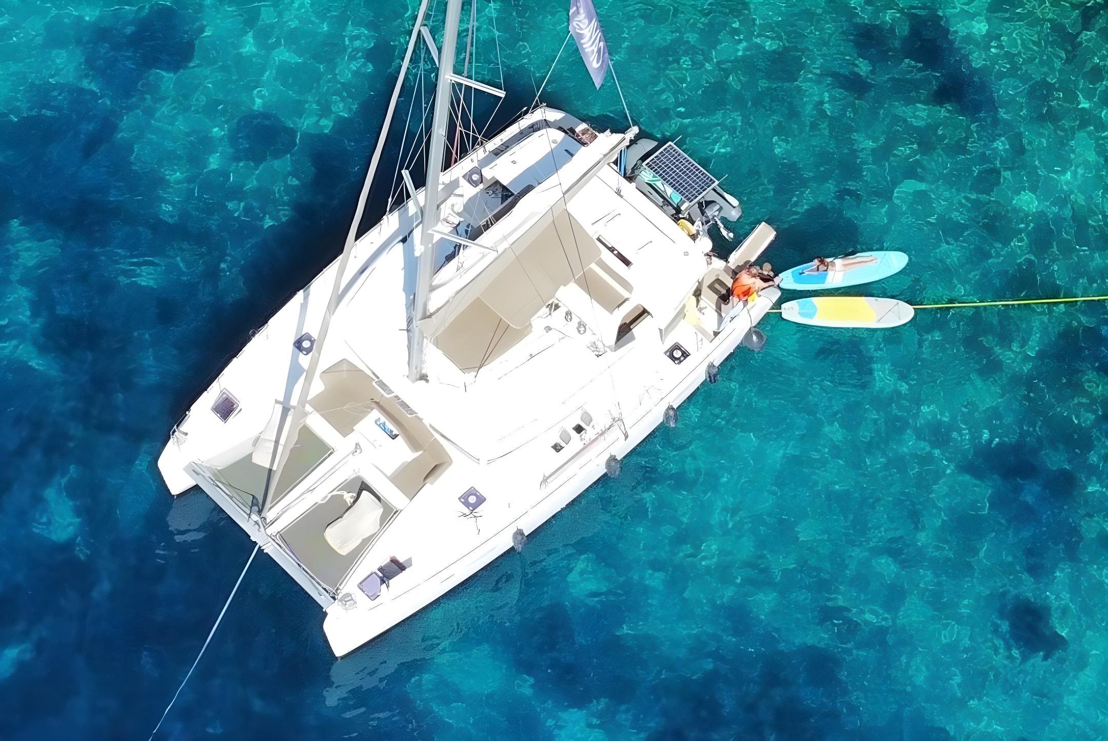 Lagoon 450F gulet aerial view in Greece