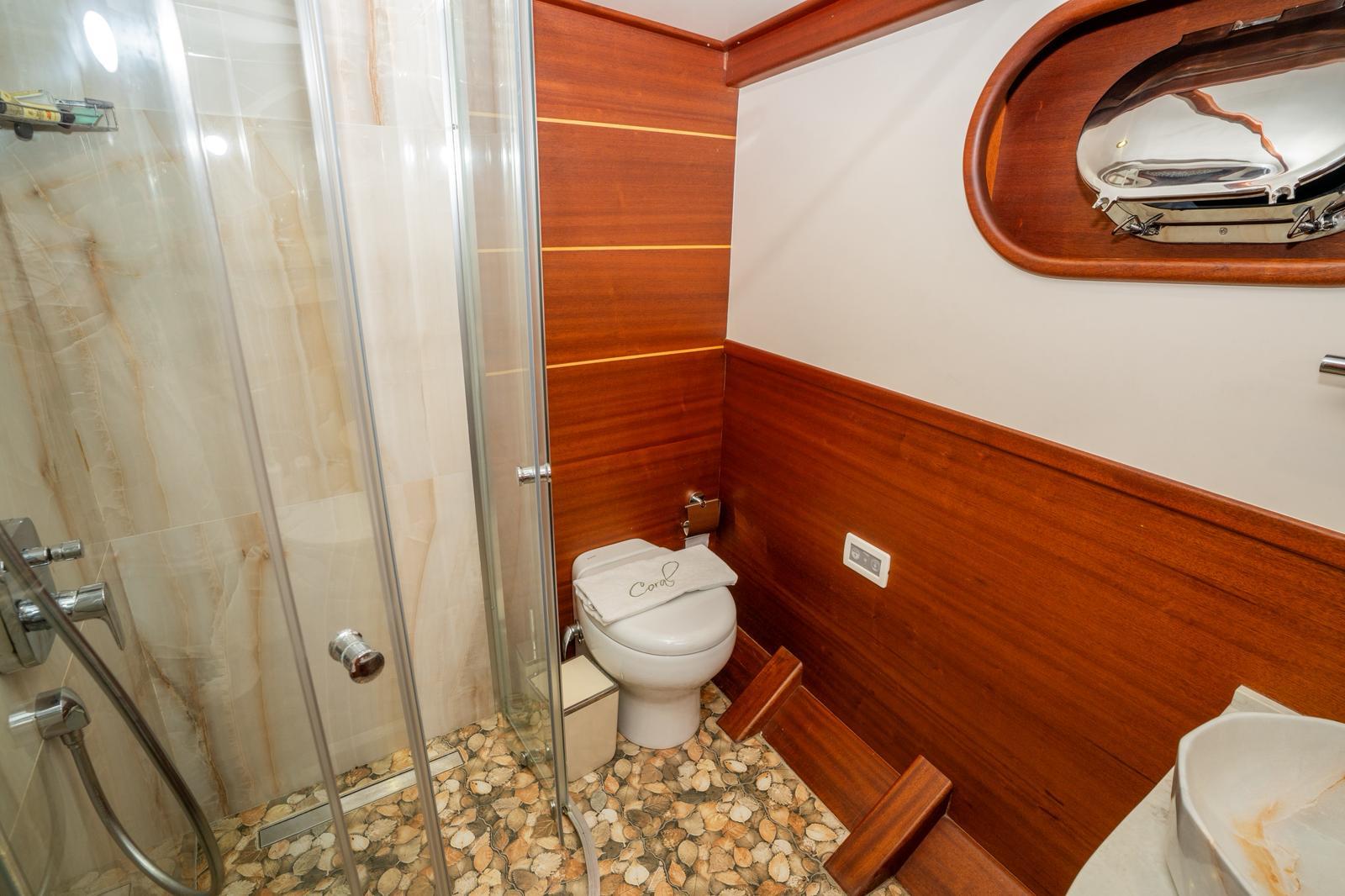 yacht bathroom interior with glass shower enclosure, toilet, marble walls and teak wood paneling