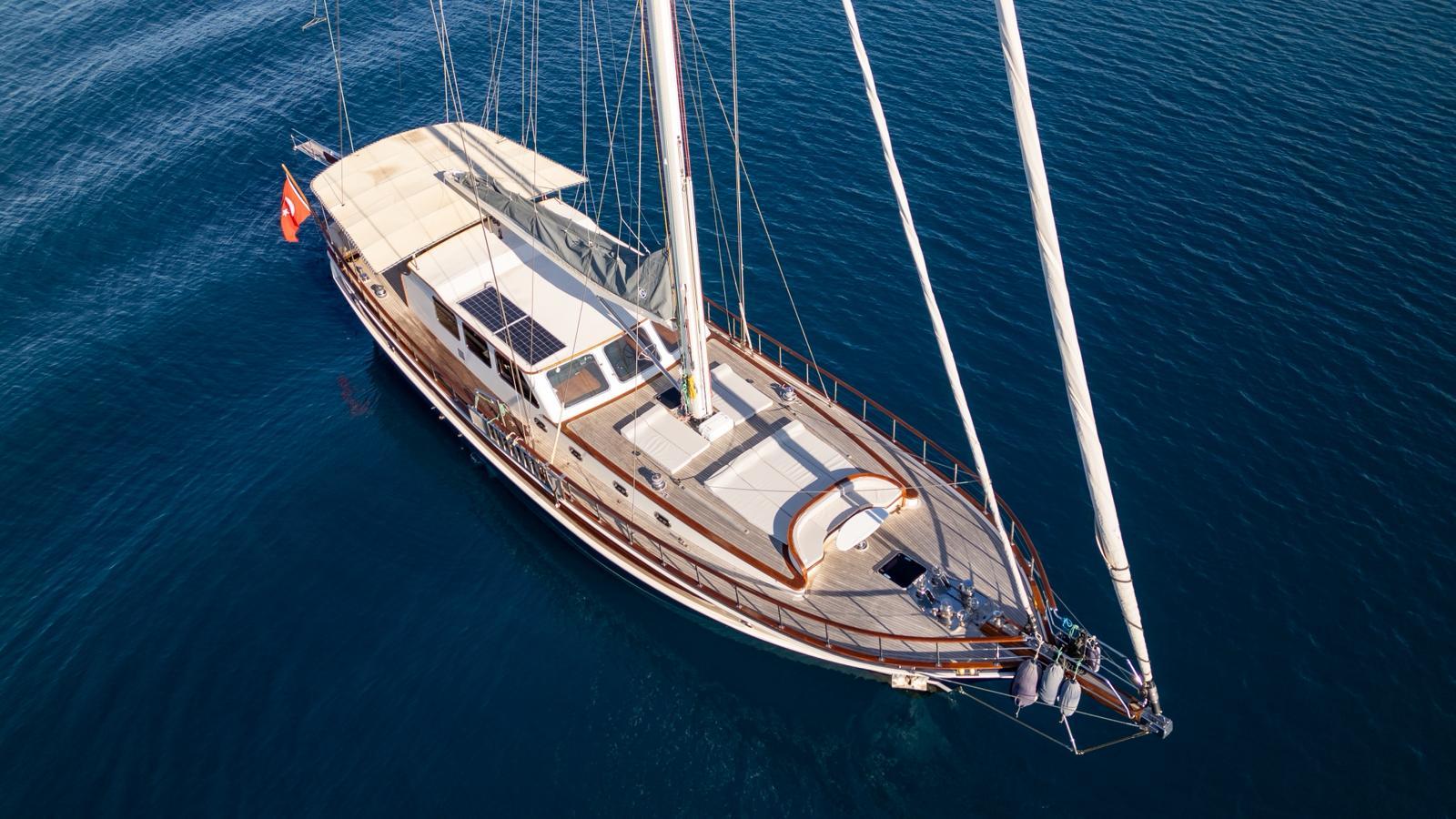 aerial view of traditional wooden gulet yacht anchored in deep blue waters