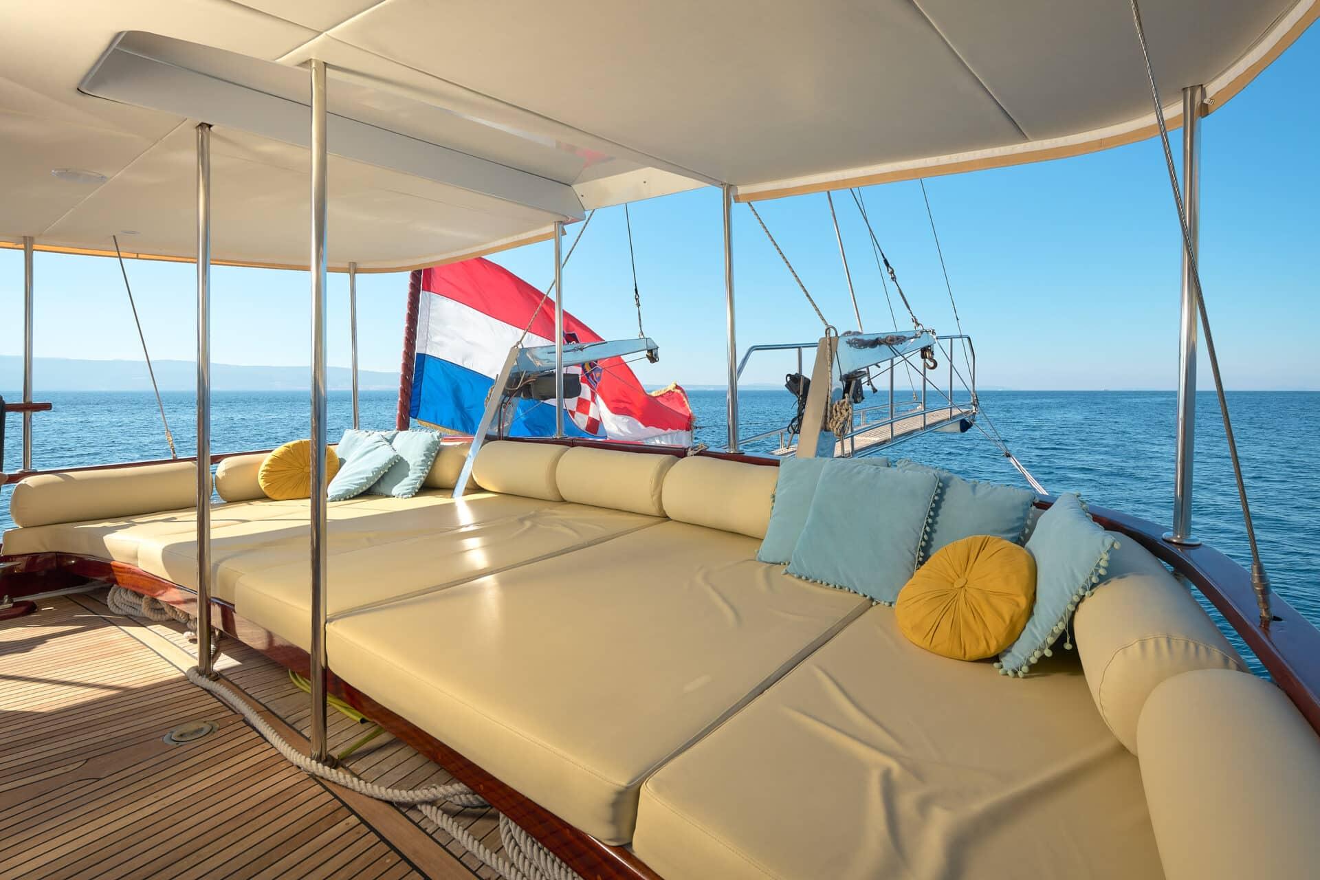 yacht aft deck with cream cushioned seating area under white canopy with Dutch and Swiss flags