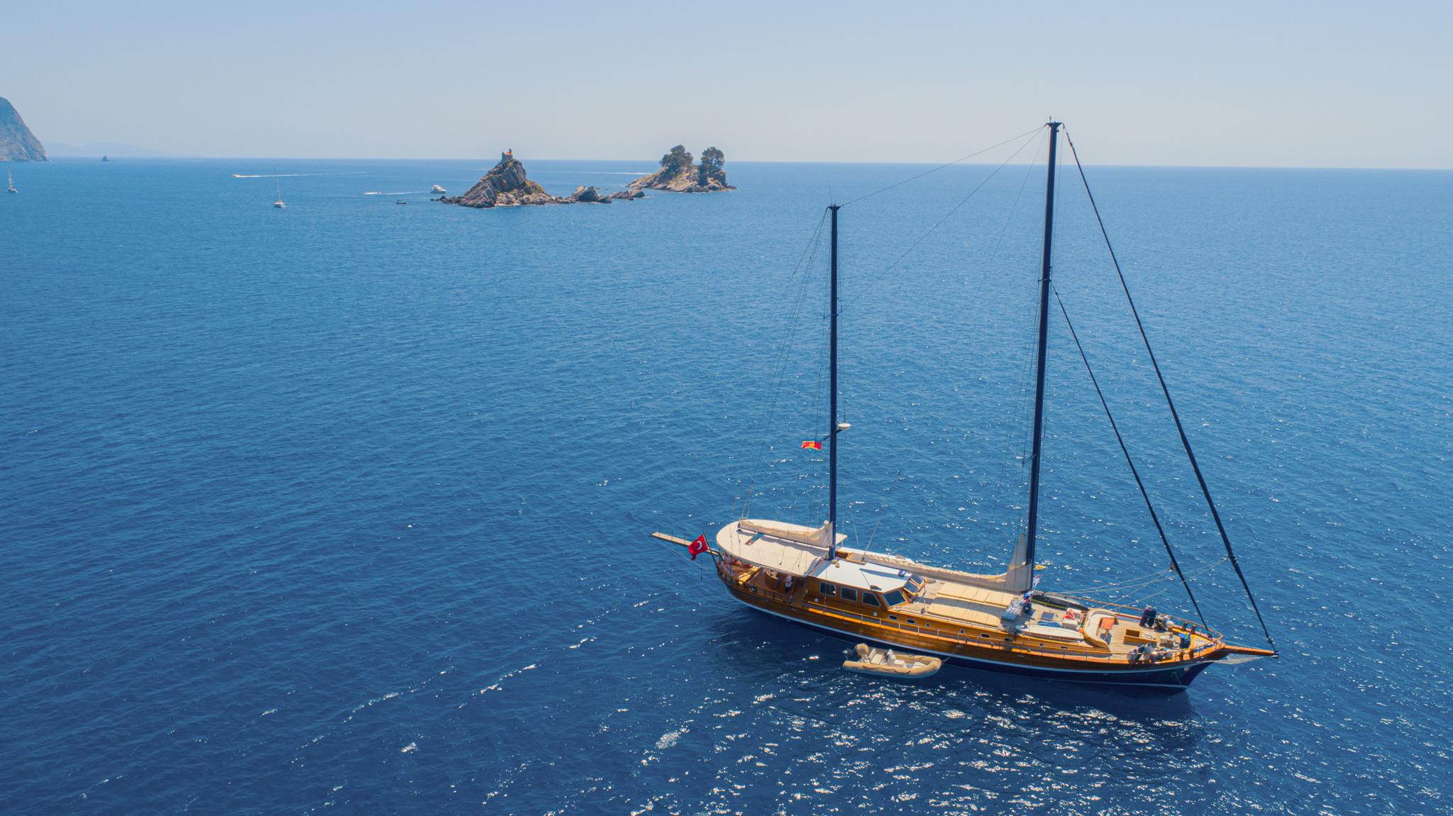 Aerial drone view of wooden Turkish gulet with twin masts sailing in deep blue Mediterranean waters with rocky islets in background