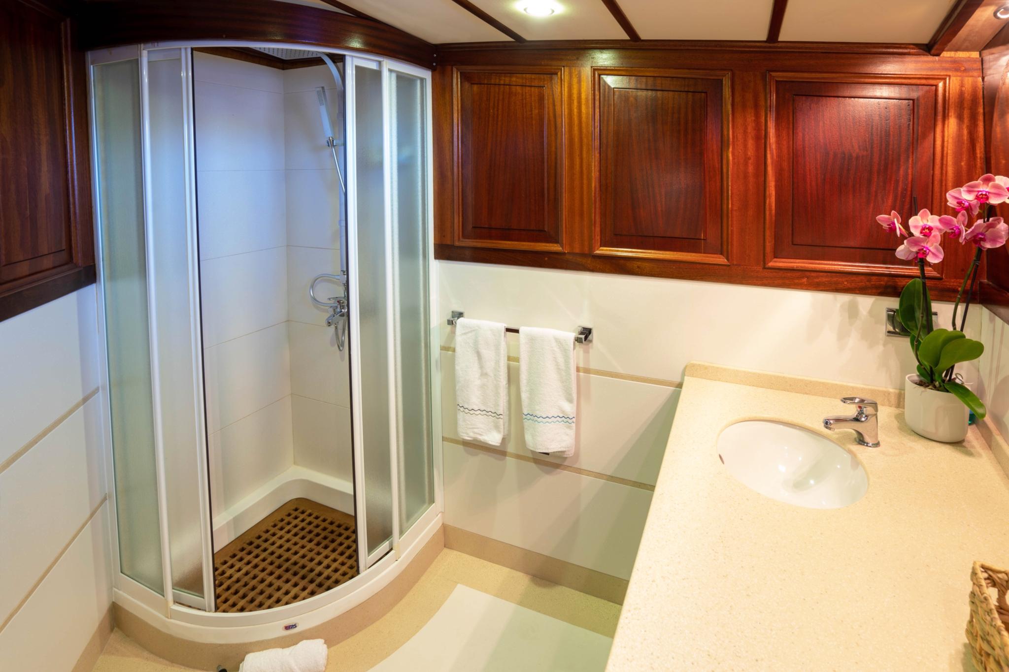 luxury yacht bathroom featuring curved glass shower cubicle, marble vanity with undermount sink, and rich wood cabinetry