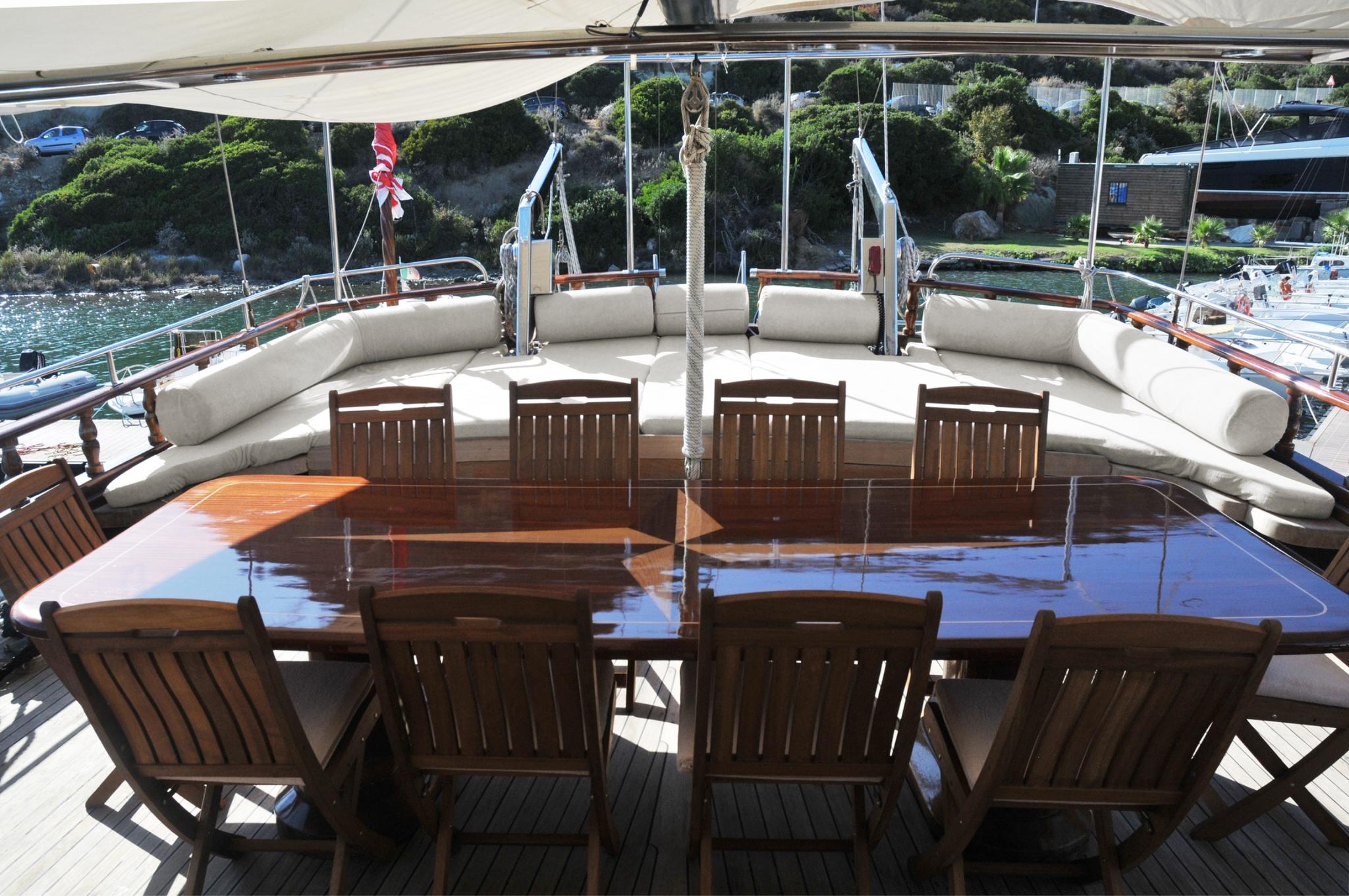 aft deck outdoor dining area with polished wooden table and teak chairs under canopy