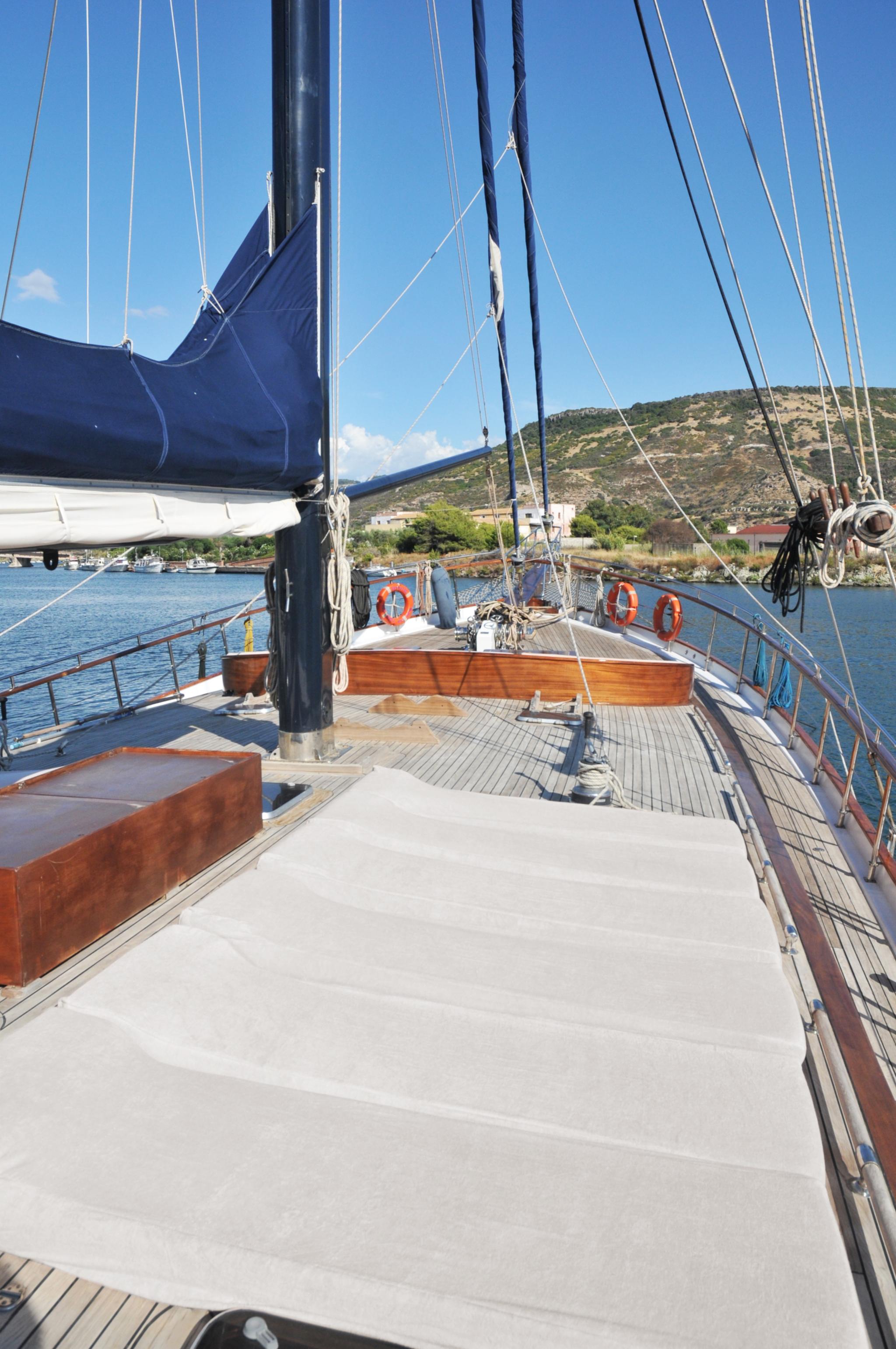 gulet forward deck showing teak planking, mast rigging, and Mediterranean coastline view