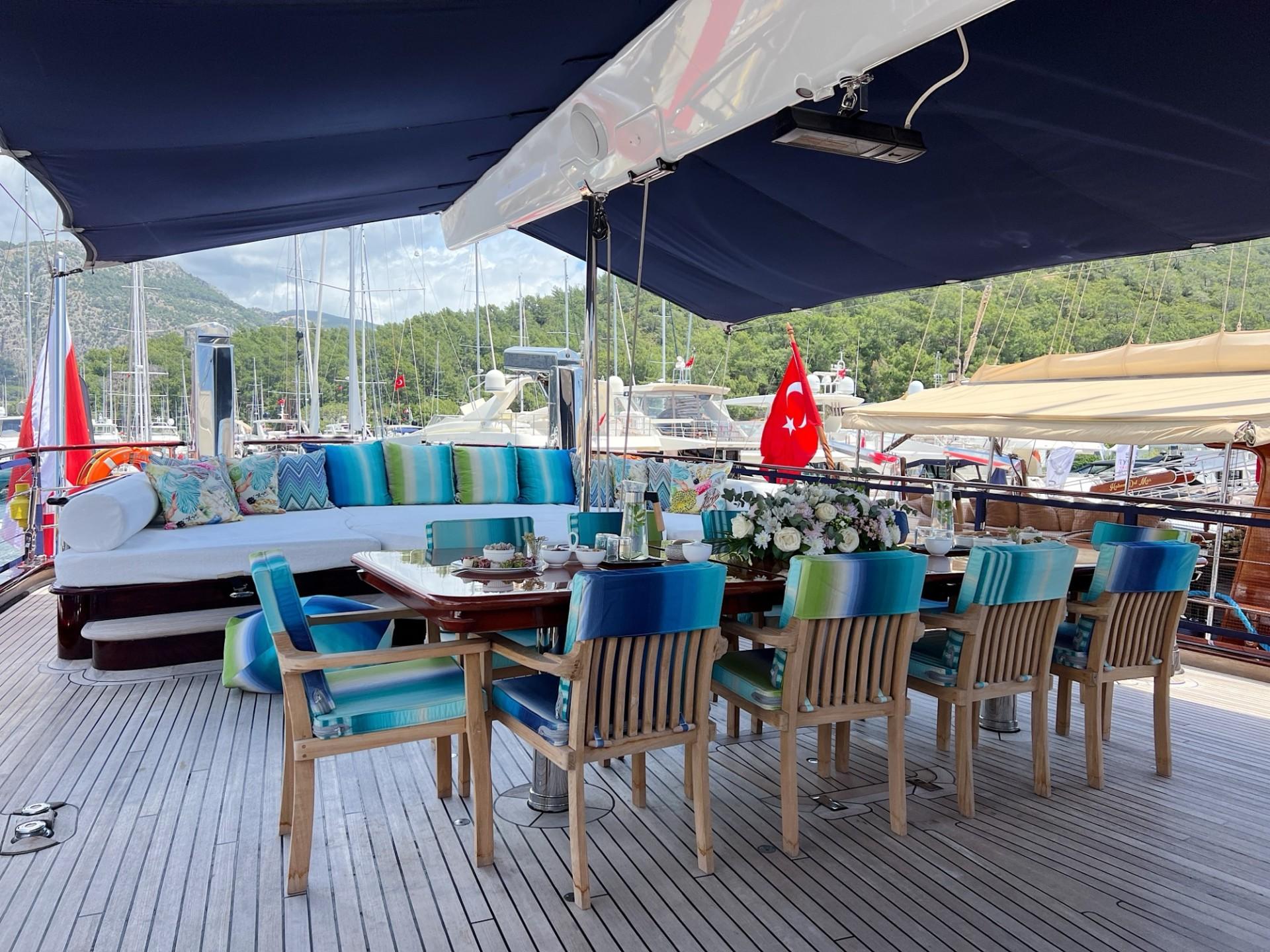 Gulet aft deck with outdoor dining table, teak chairs, sofa seating and Turkish flag