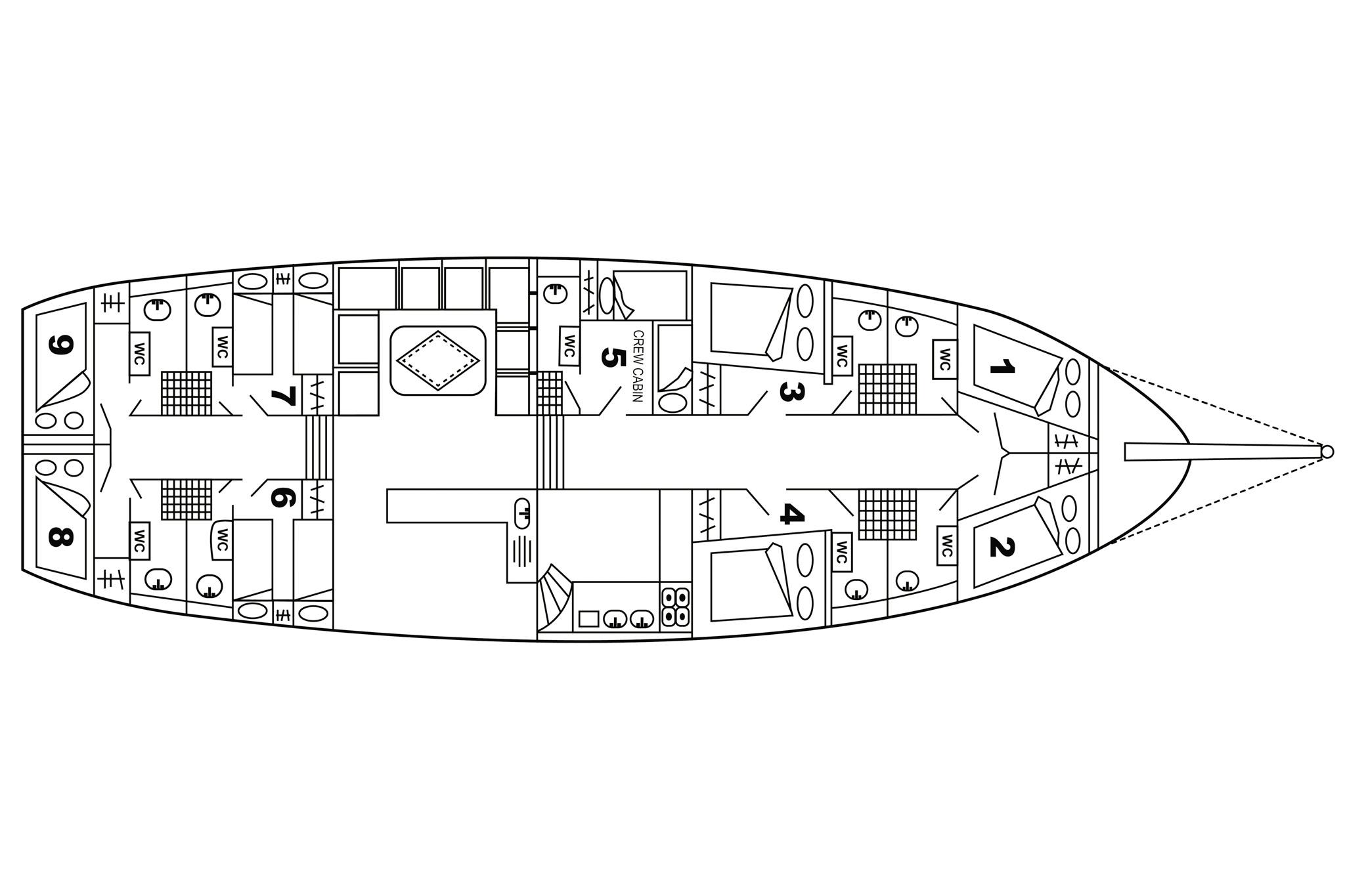 Yacht below deck floor plan showing 8 numbered guest cabins each with en-suite WC and a crew cabin