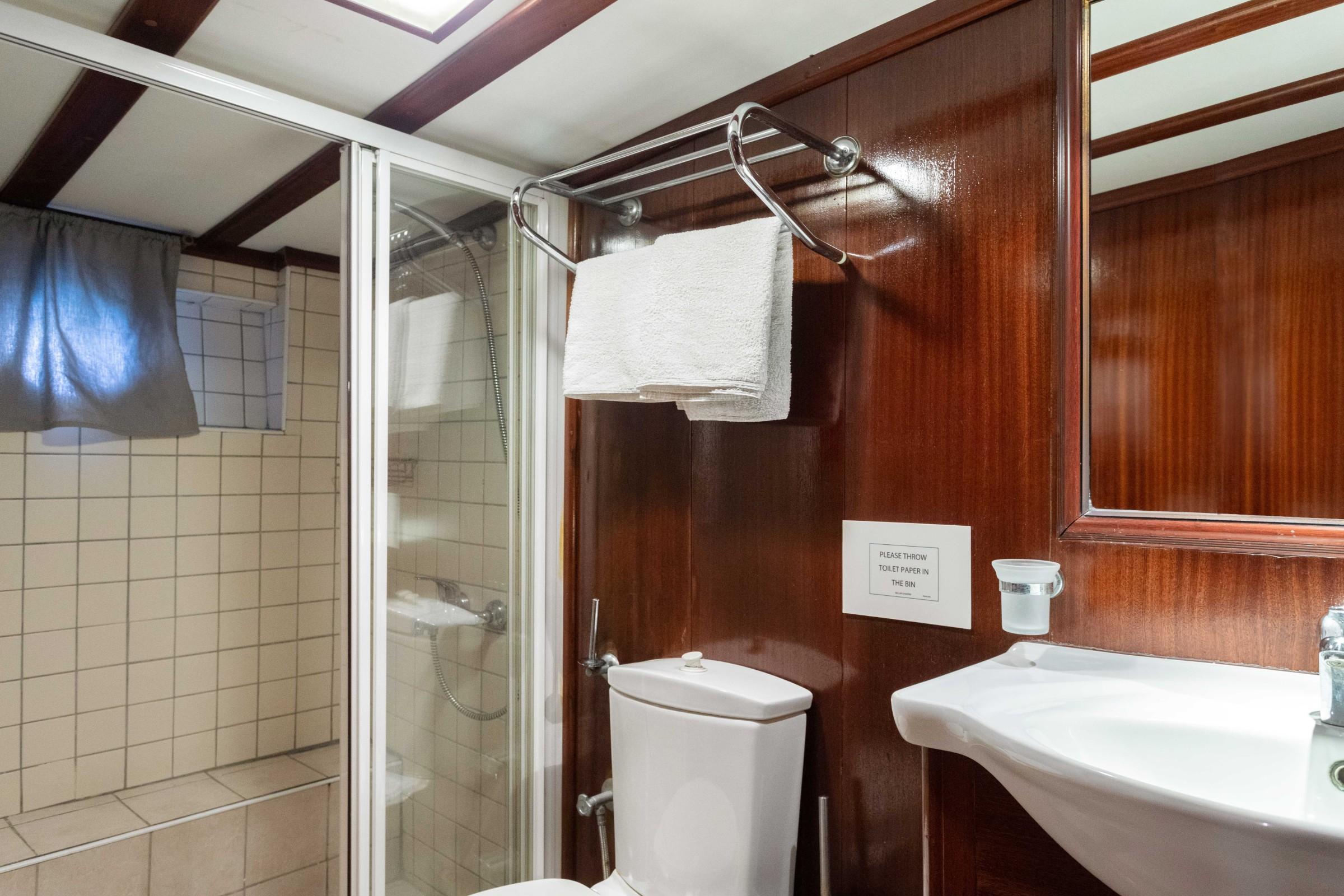 compact yacht bathroom featuring glass shower enclosure, toilet, white sink and rich wood paneling
