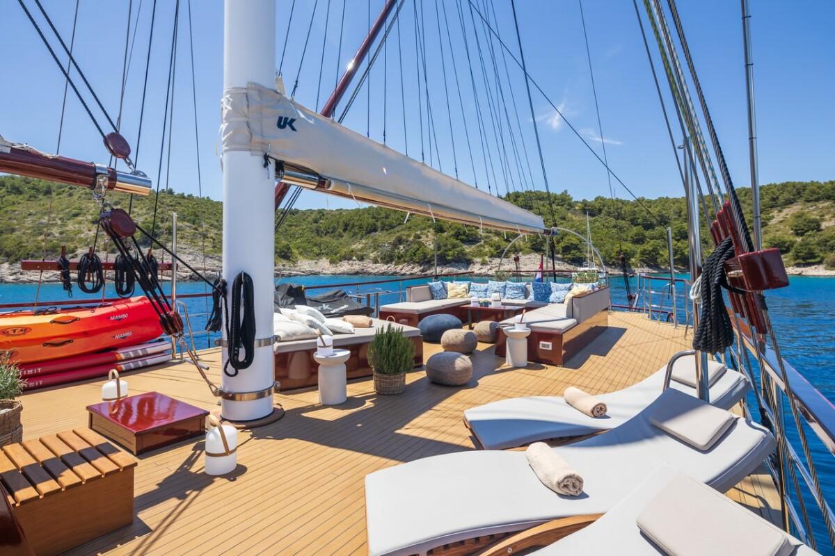 Luxury sailing yacht main deck with white cushions and teak flooring anchored in blue bay