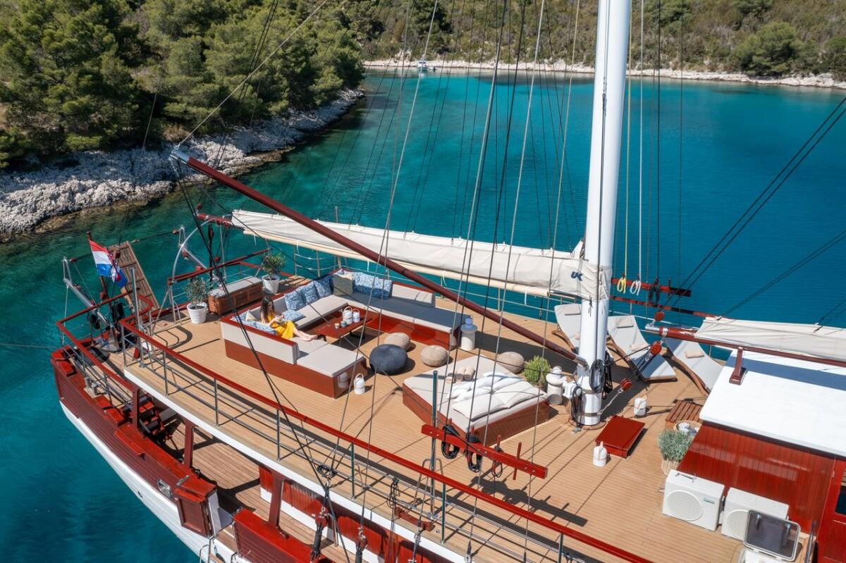 Aerial view of luxury wooden gulet yacht in crystal clear turquoise Mediterranean bay