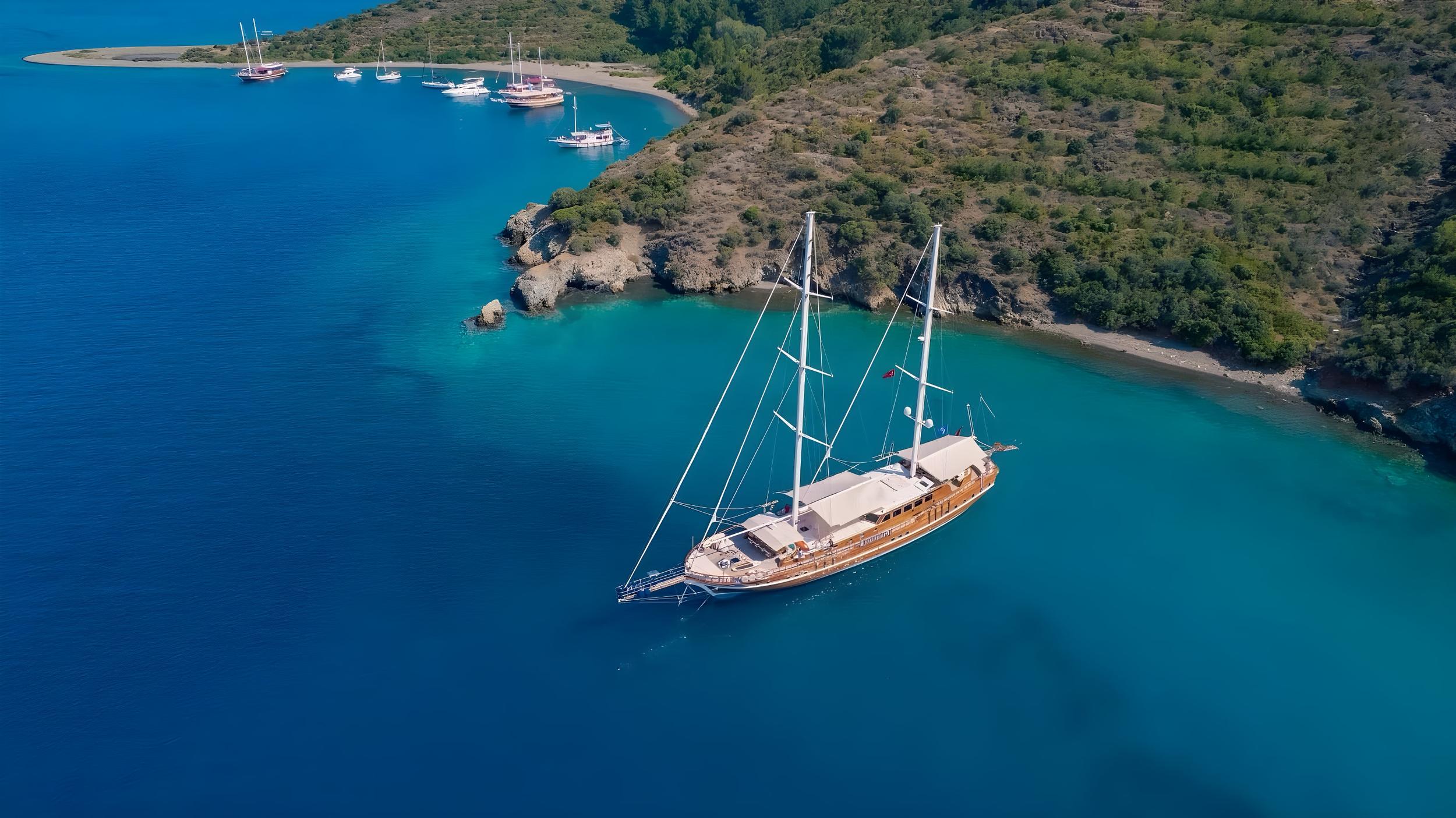 Kaptan Mehmet Bugra gulet aerial view in Türkiye