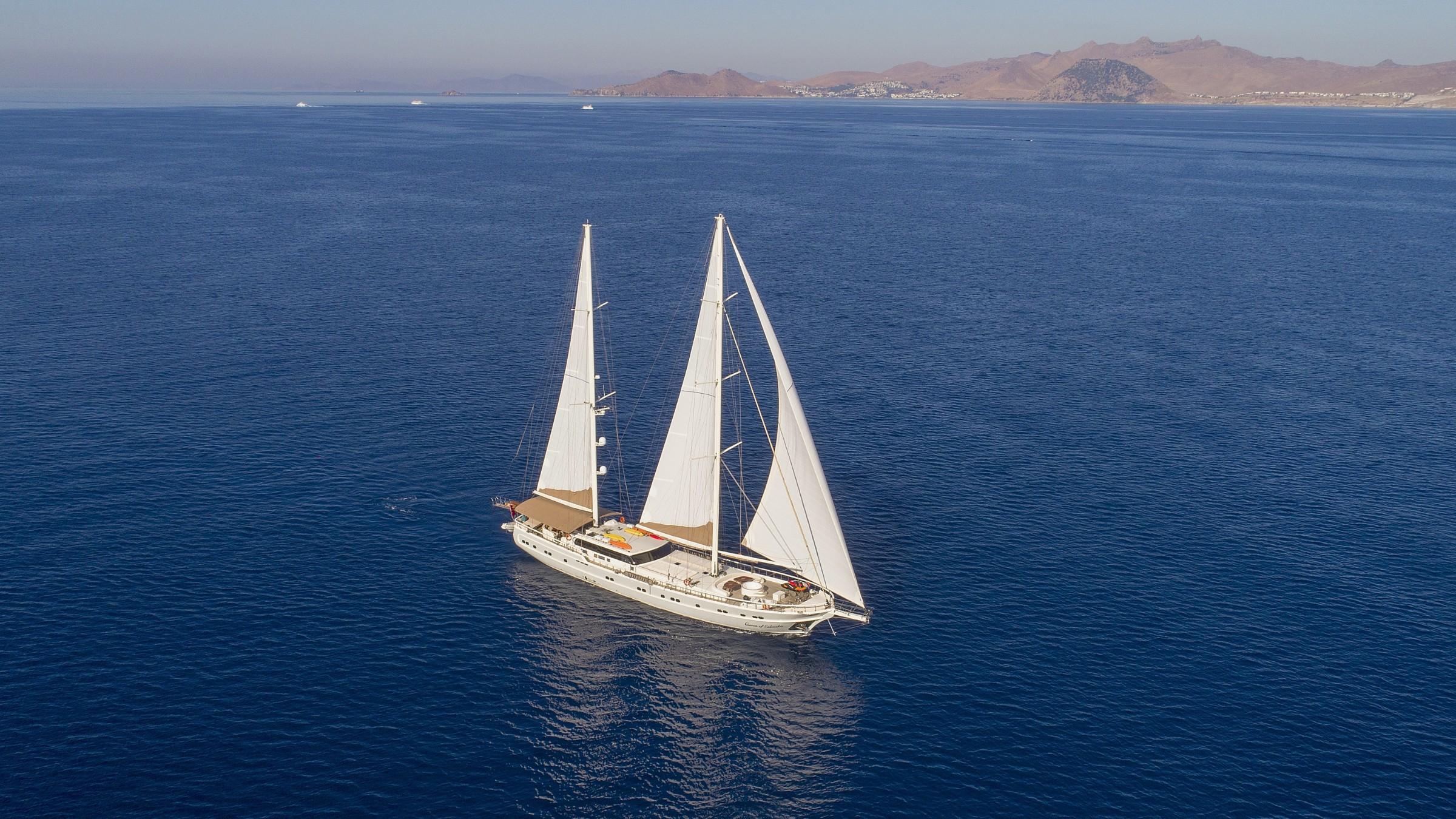 aerial view of white sailing yacht with three sails deployed on blue Mediterranean waters