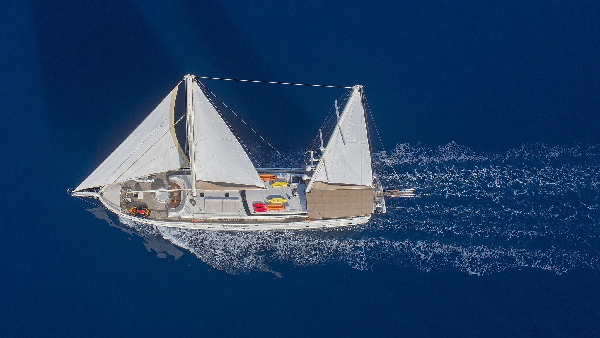 aerial view of traditional sailing yacht with white sails deployed cruising deep blue waters