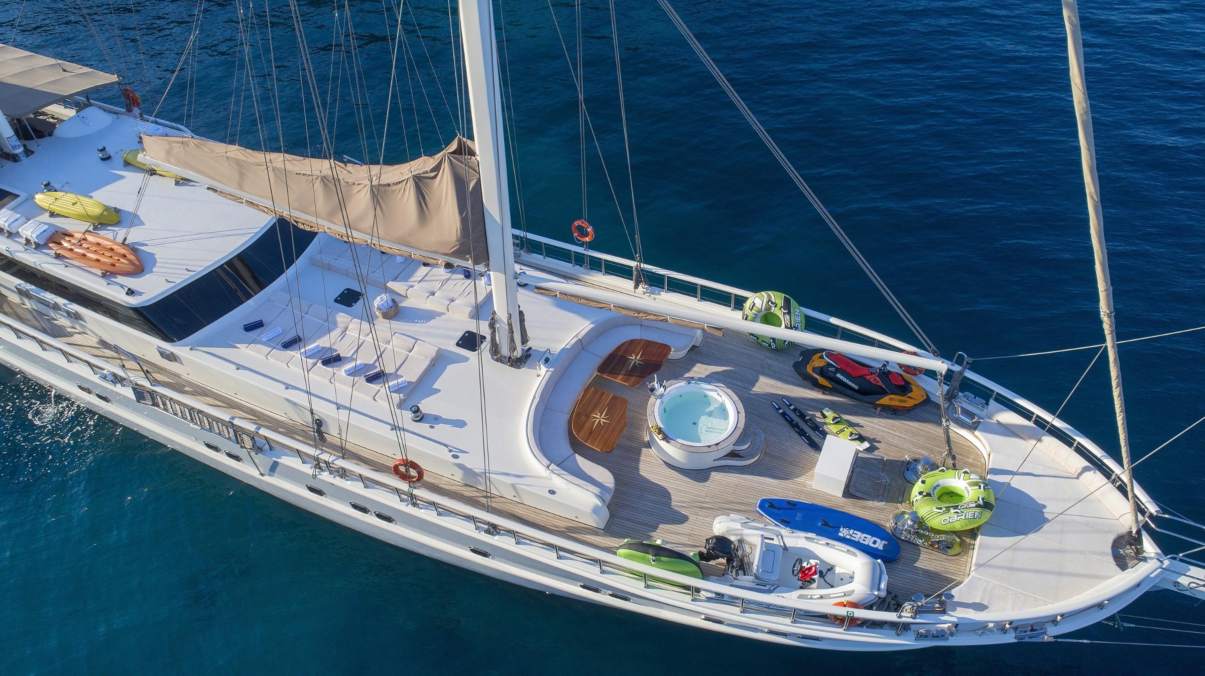 yacht deck with circular jacuzzi, jet ski, seabobs, kayak and inflatable water toys