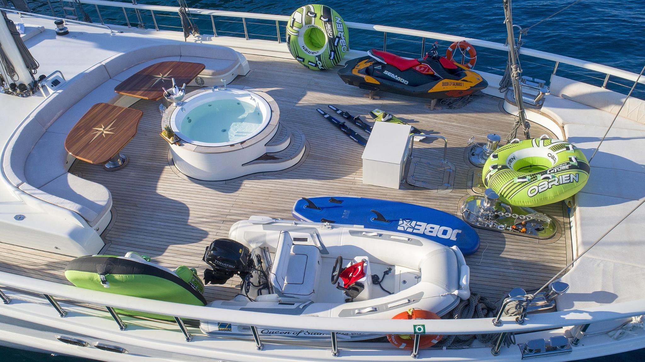 yacht swim platform showing white tender boat, jet ski, inflatable toys and equipment