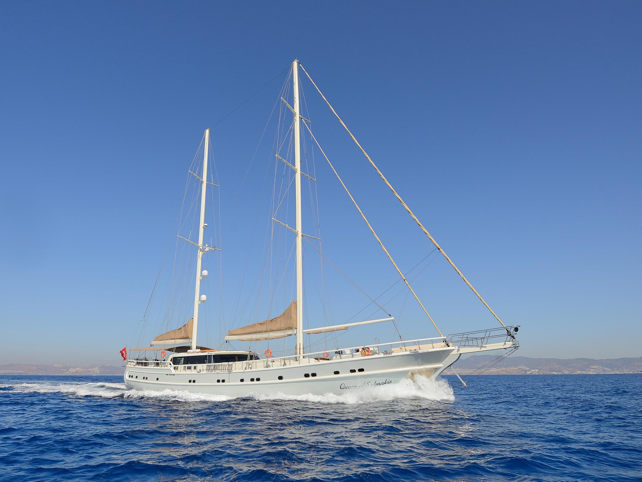 white sailing gulet with two masts and tan sails underway on deep blue Mediterranean waters