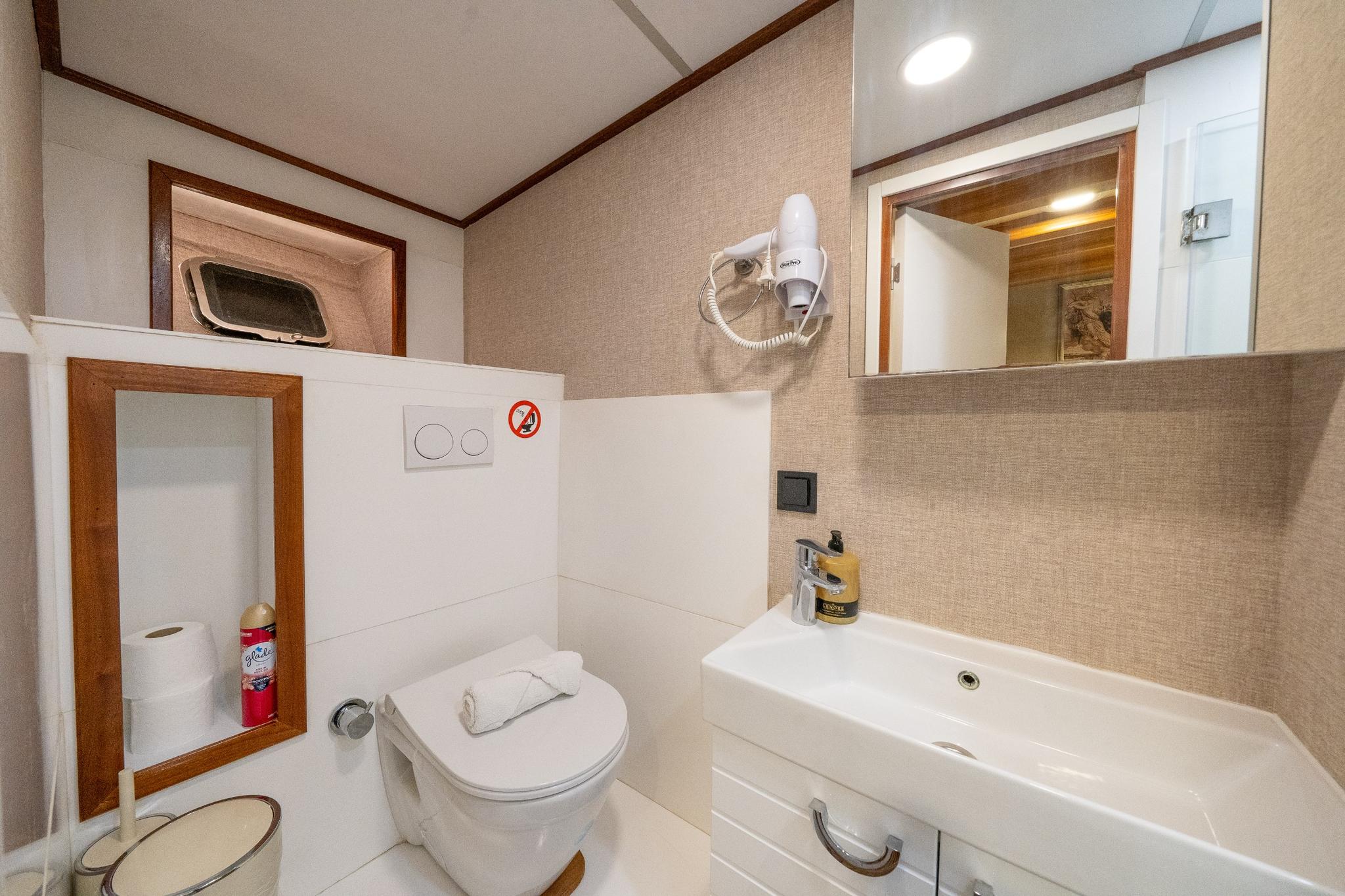 compact yacht bathroom featuring white toilet, rectangular sink, wood-framed mirror and beige tiled walls