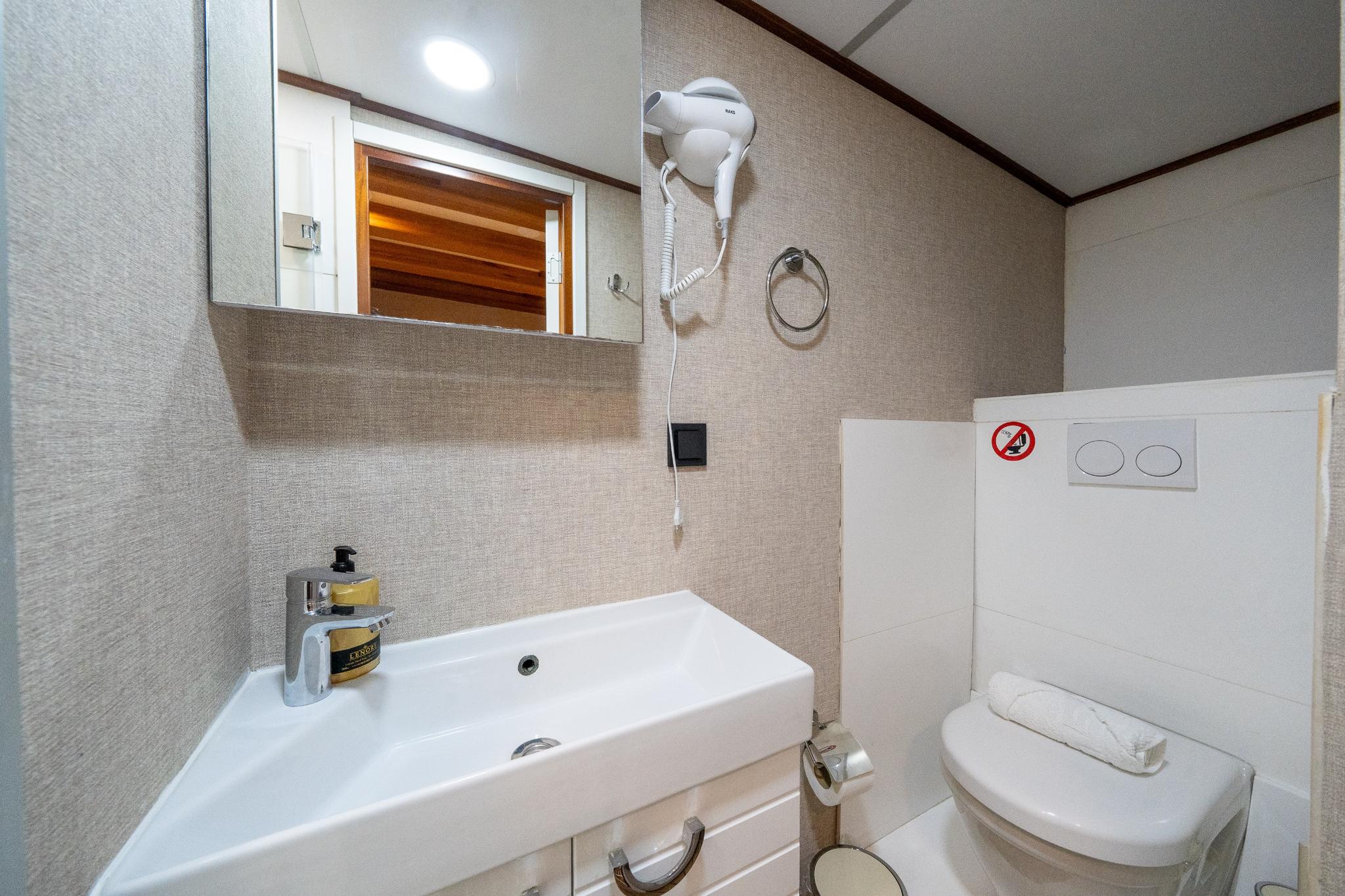 yacht guest bathroom with white toilet, rectangular basin, wall-mounted hair dryer and mirror