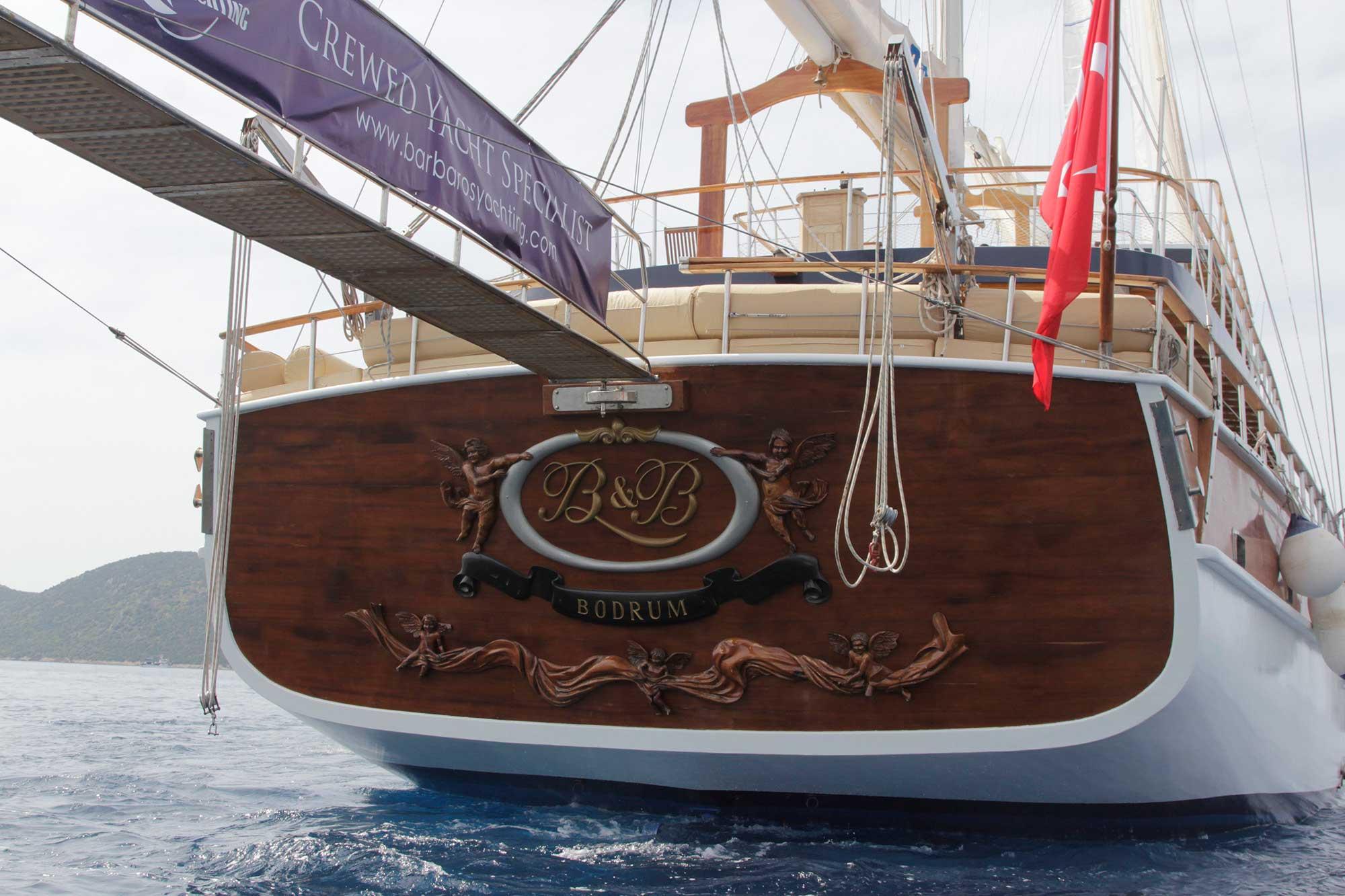 luxury gulet stern showing ornate B&B Bodrum name plaque with decorative carved details