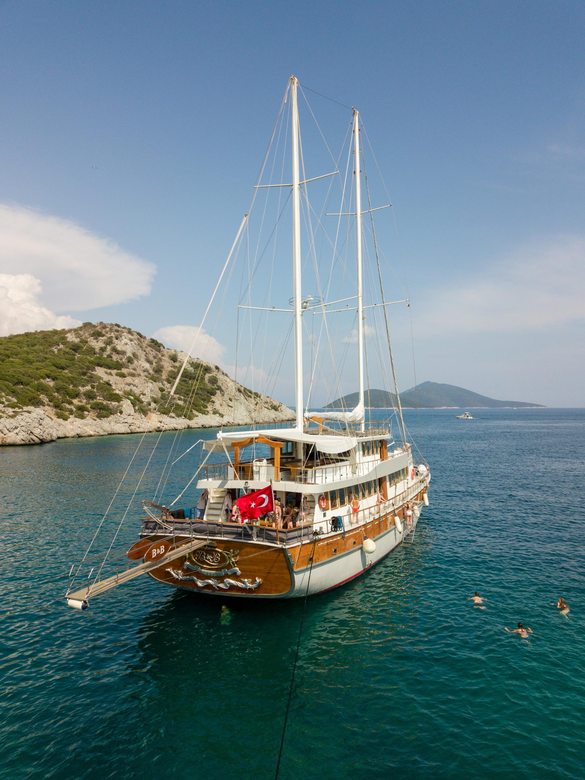wooden gulet yacht with two masts anchored in crystal clear Mediterranean waters near rocky coastline