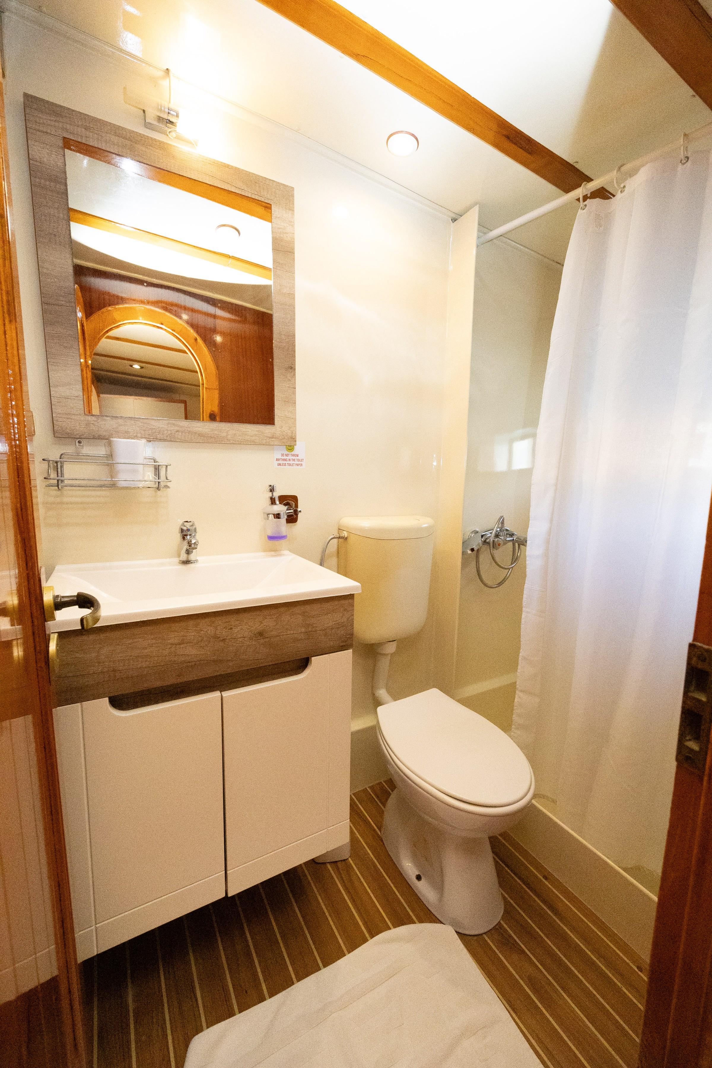 Gulet cabin en-suite bathroom with wood-framed mirror, vanity unit, toilet, and curtained shower