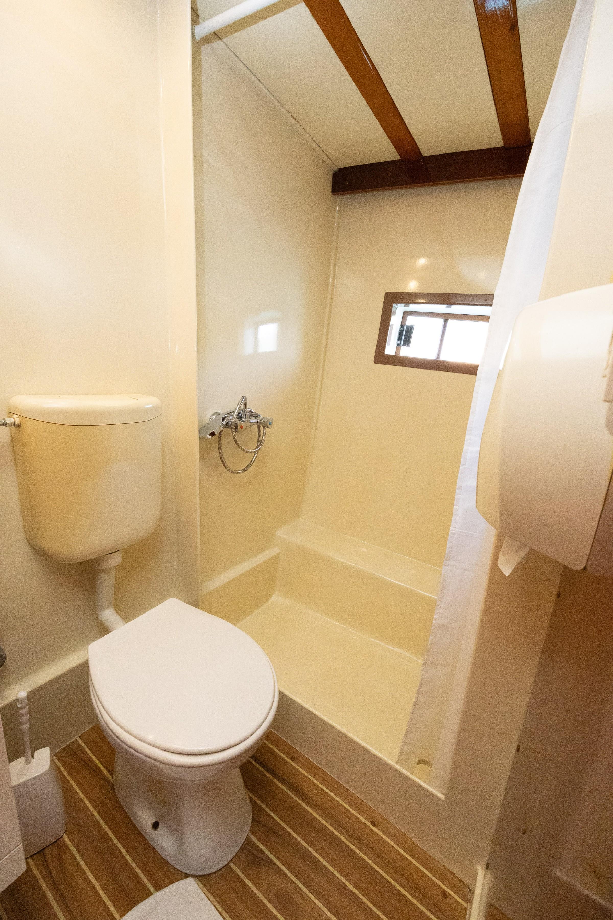 Gulet cabin en-suite bathroom with white toilet, curtained shower tray, chrome mixer tap, small porthole window, and teak-style floor