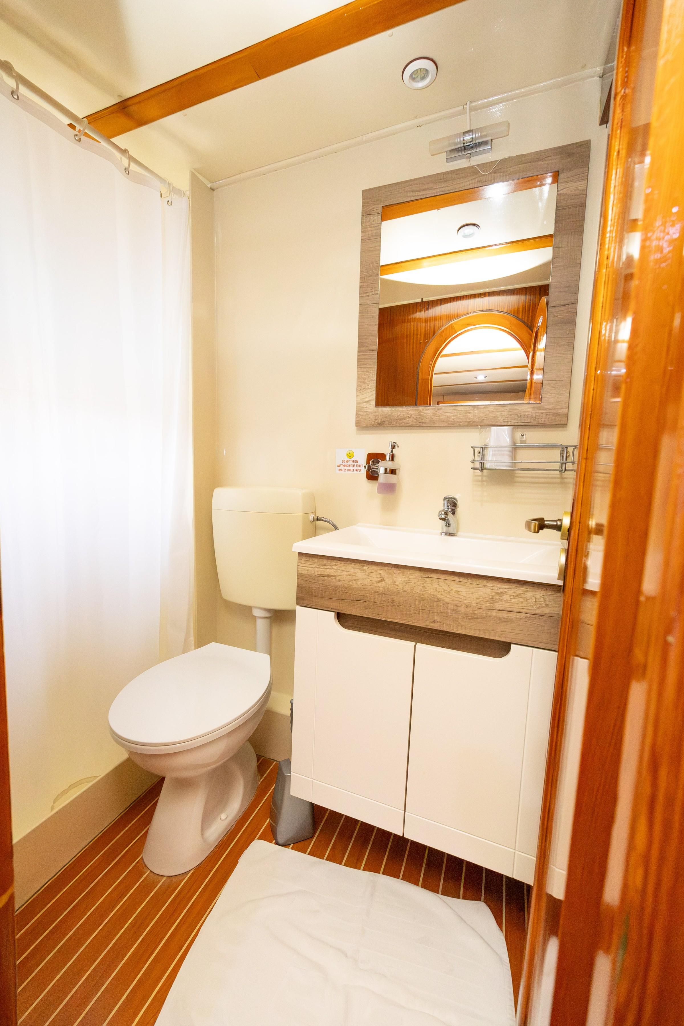 Gulet cabin en-suite bathroom with white toilet, vanity unit, curtained shower, teak floor and wood-framed mirror