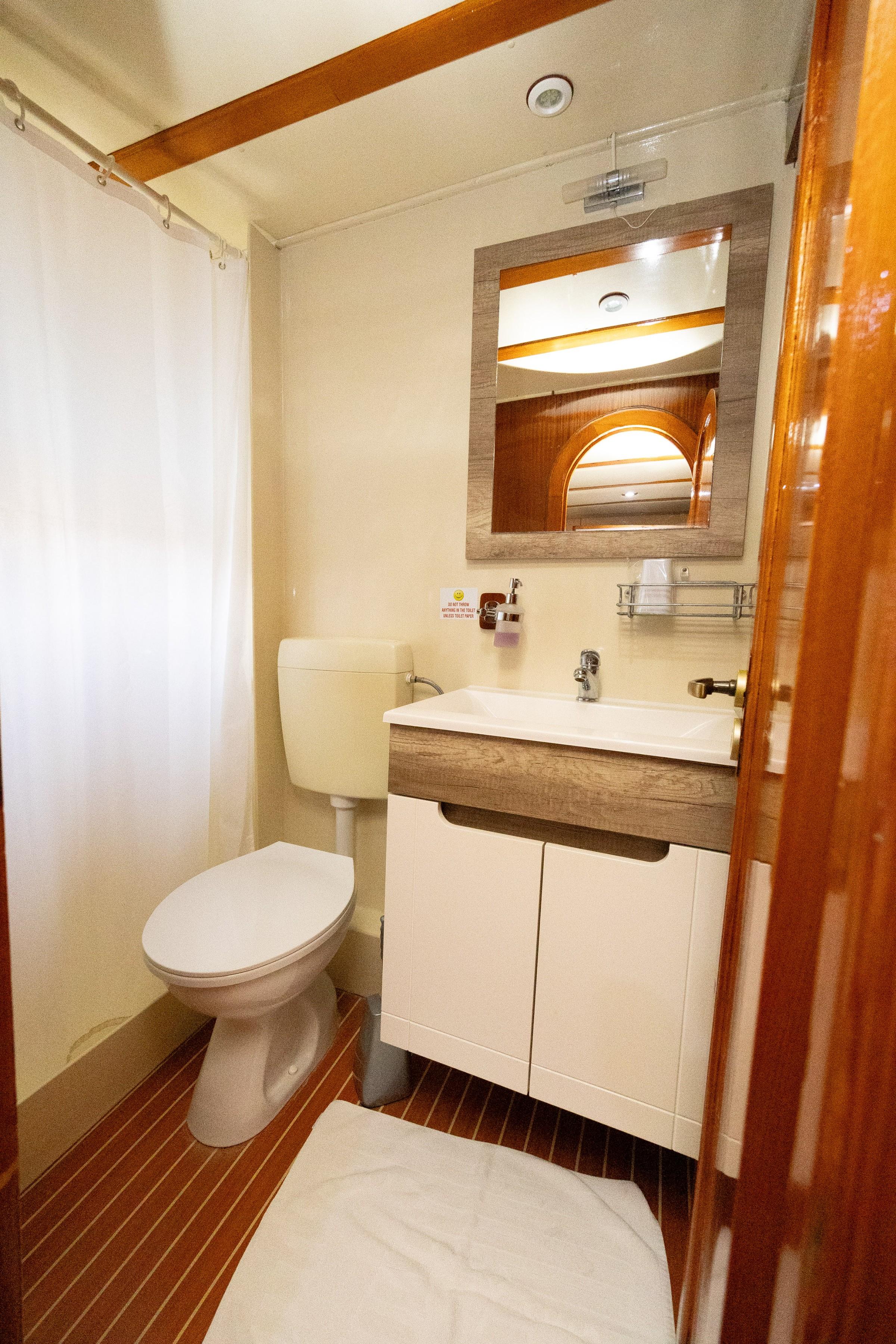 Gulet cabin en-suite bathroom with white vanity unit, toilet, shower curtain and teak sole floor