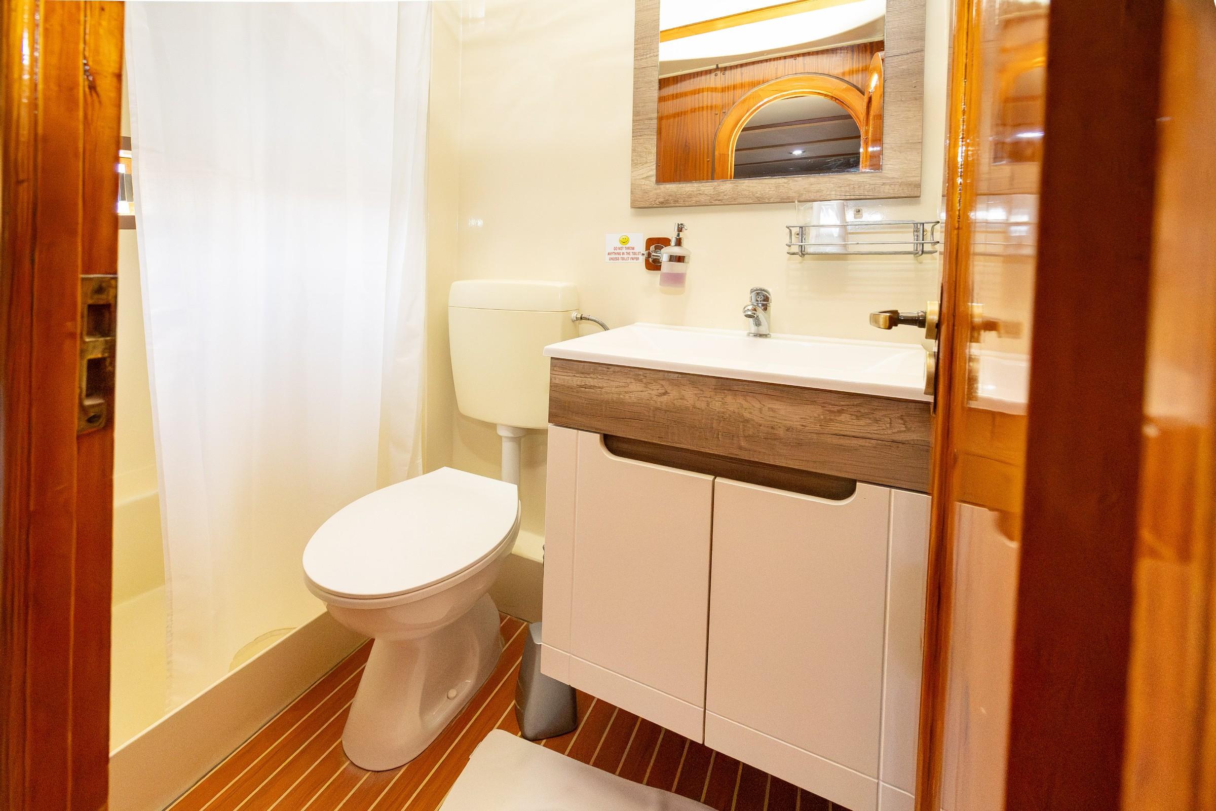 Gulet cabin en-suite bathroom with white toilet, shower curtain, wood-effect vanity unit and teak flooring