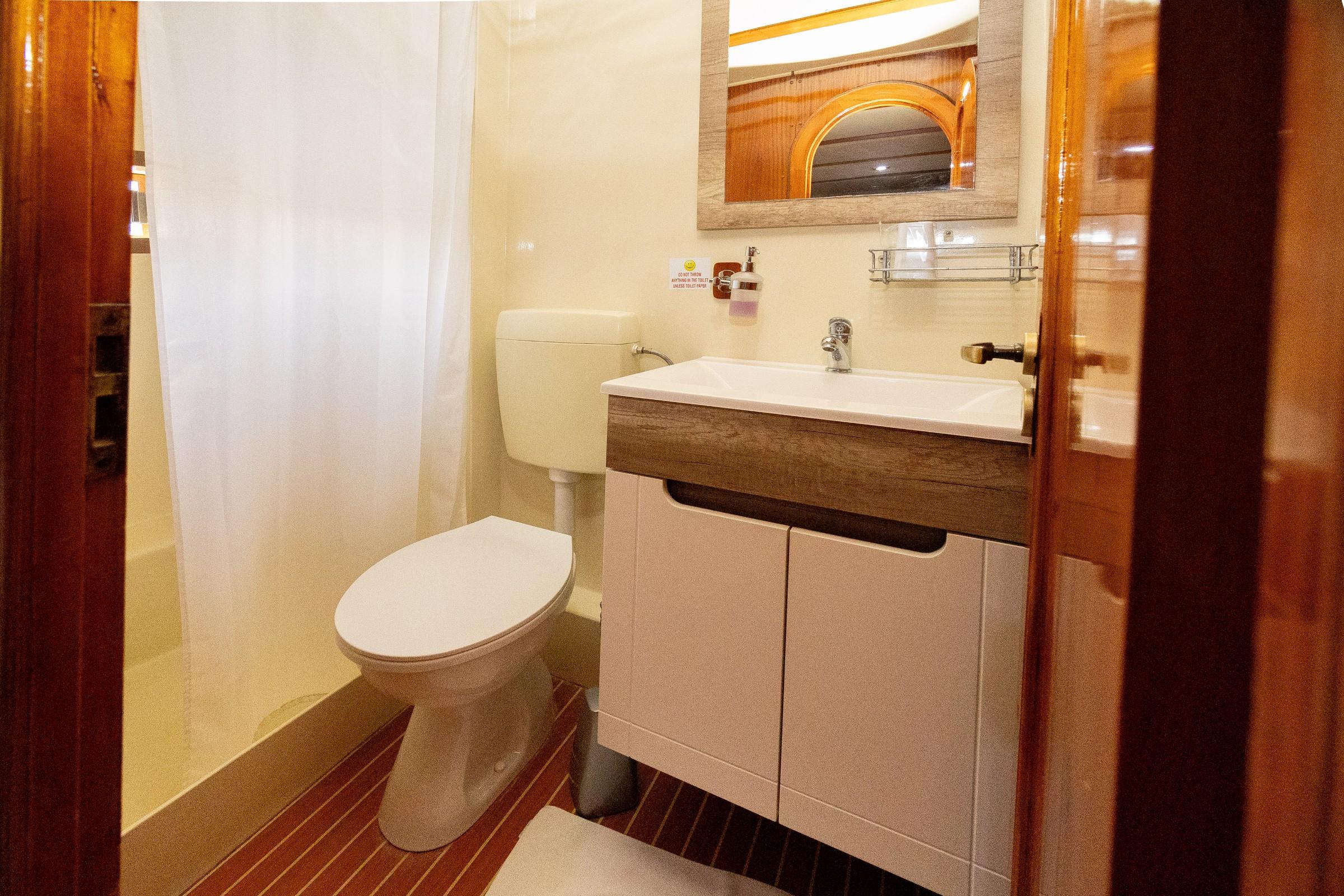 Gulet cabin en-suite bathroom with white toilet, shower curtain, wood-topped vanity unit, and arched mirror