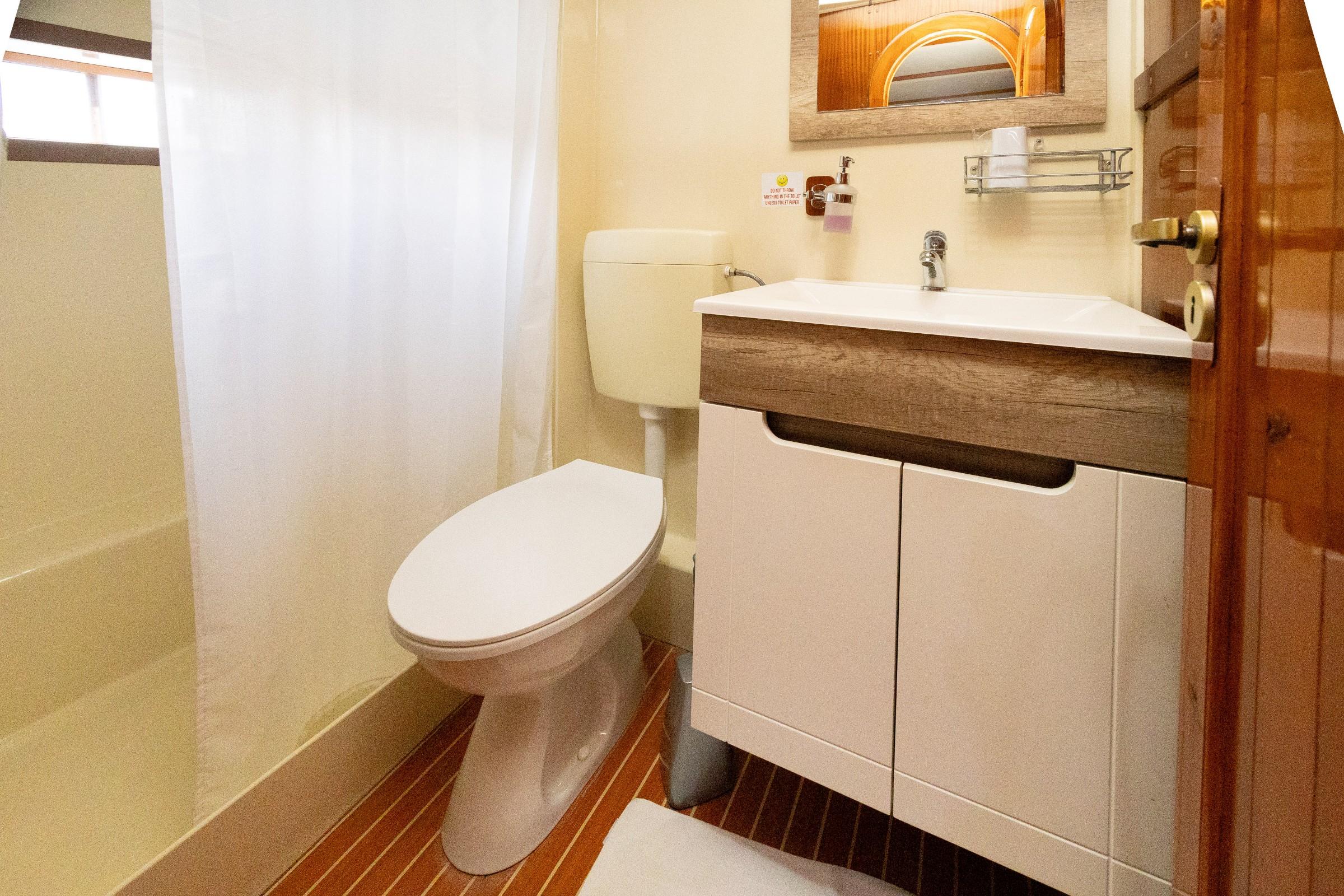 Gulet cabin en-suite bathroom with white toilet, shower bath with curtain, wood-trimmed vanity unit and mirror