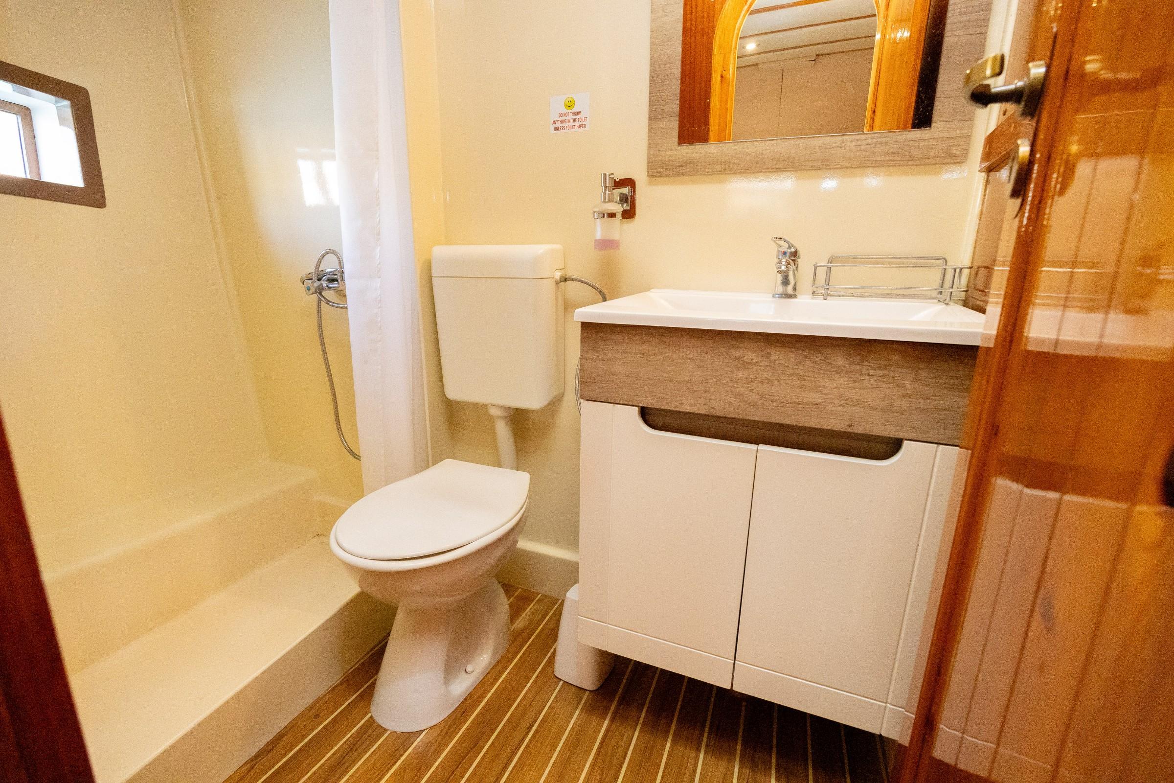 Gulet cabin en-suite bathroom with white toilet, shower curtain, vanity unit and wood-framed mirror