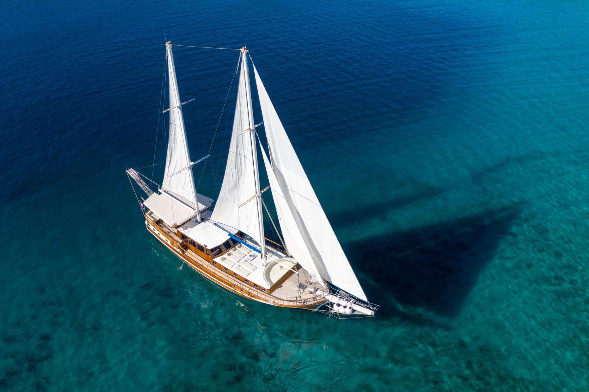 aerial view of traditional wooden gulet with white sails deployed sailing in crystal clear turquoise Mediterranean waters