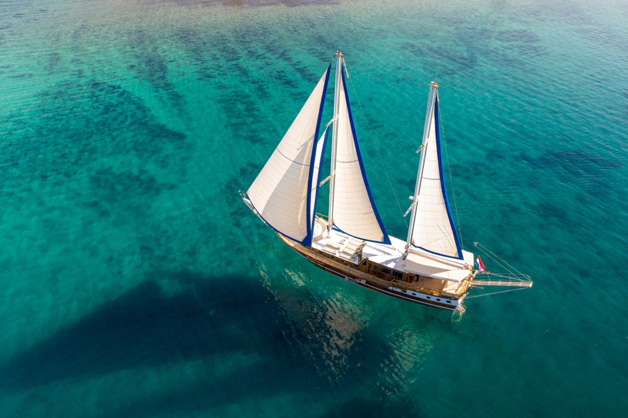 aerial view of traditional sailing gulet with white sails deployed in turquoise waters