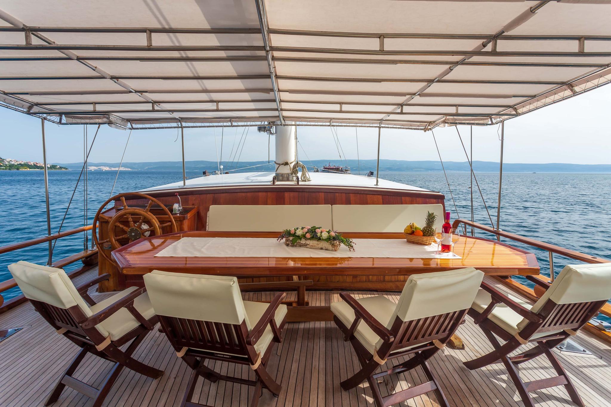 Gulet aft deck dining area with wooden table, white cushioned chairs under canvas awning