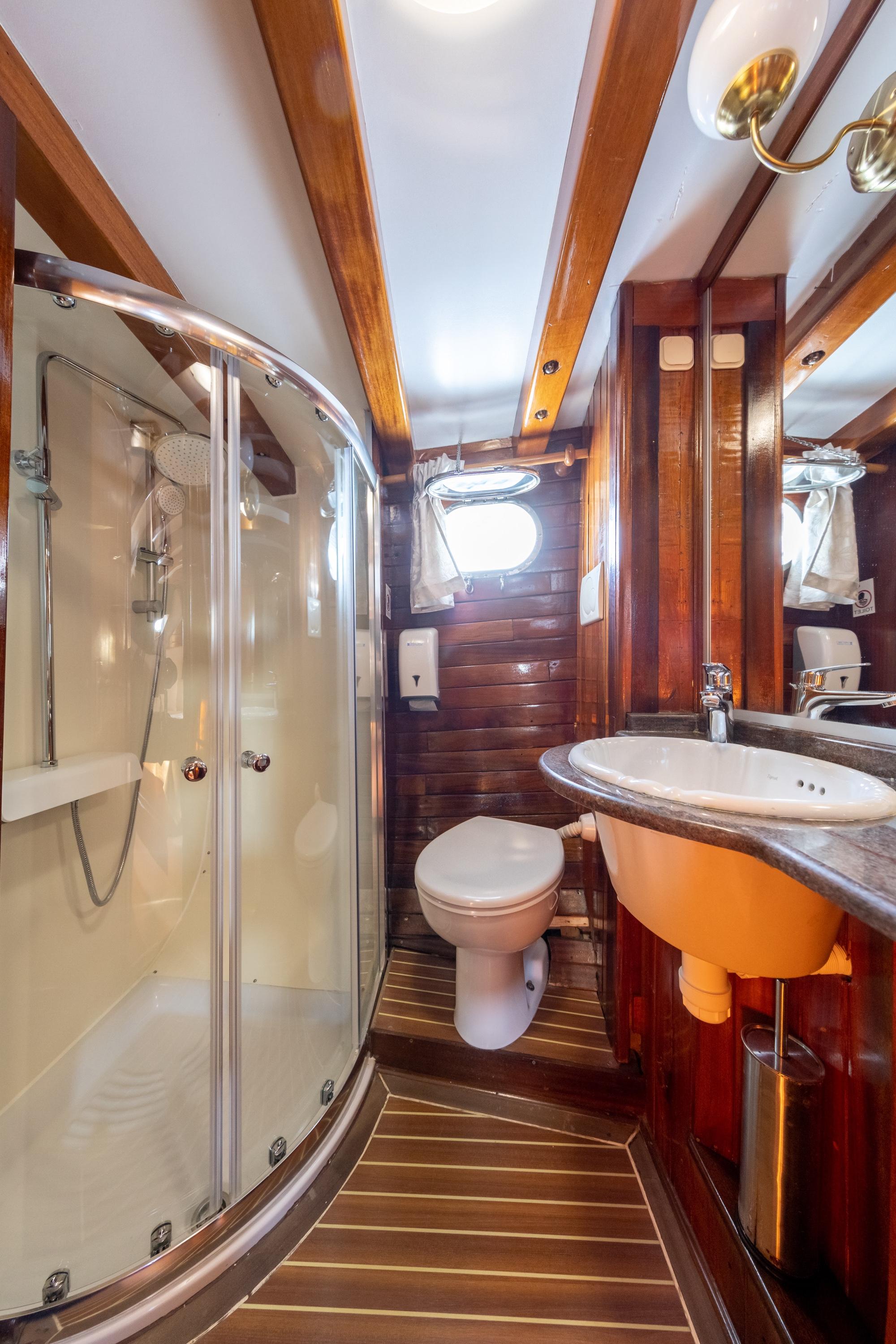 yacht bathroom with curved glass shower enclosure, toilet, and wooden sink vanity