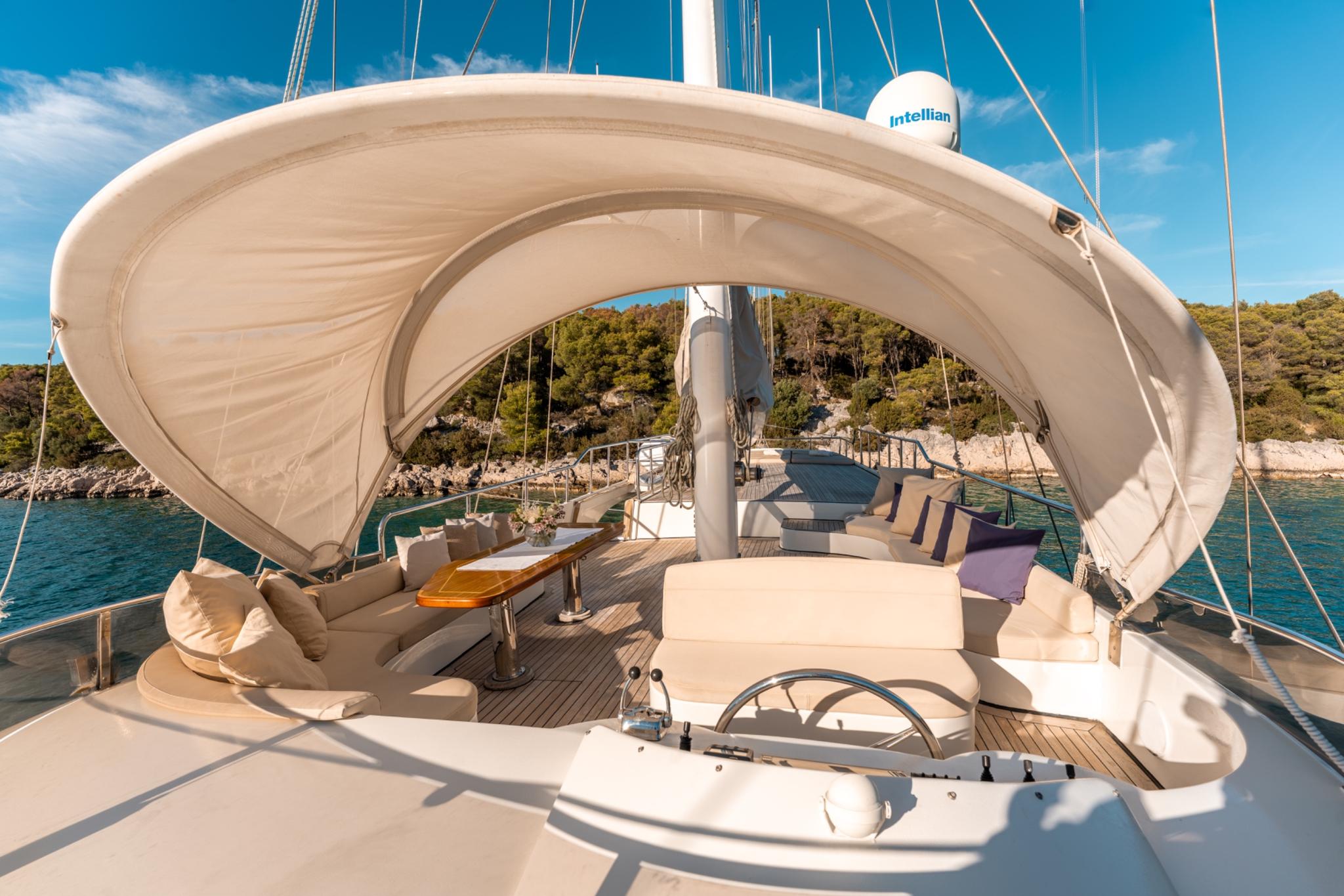 yacht flybridge deck with helm station, white seating, wooden table and cream bimini shade