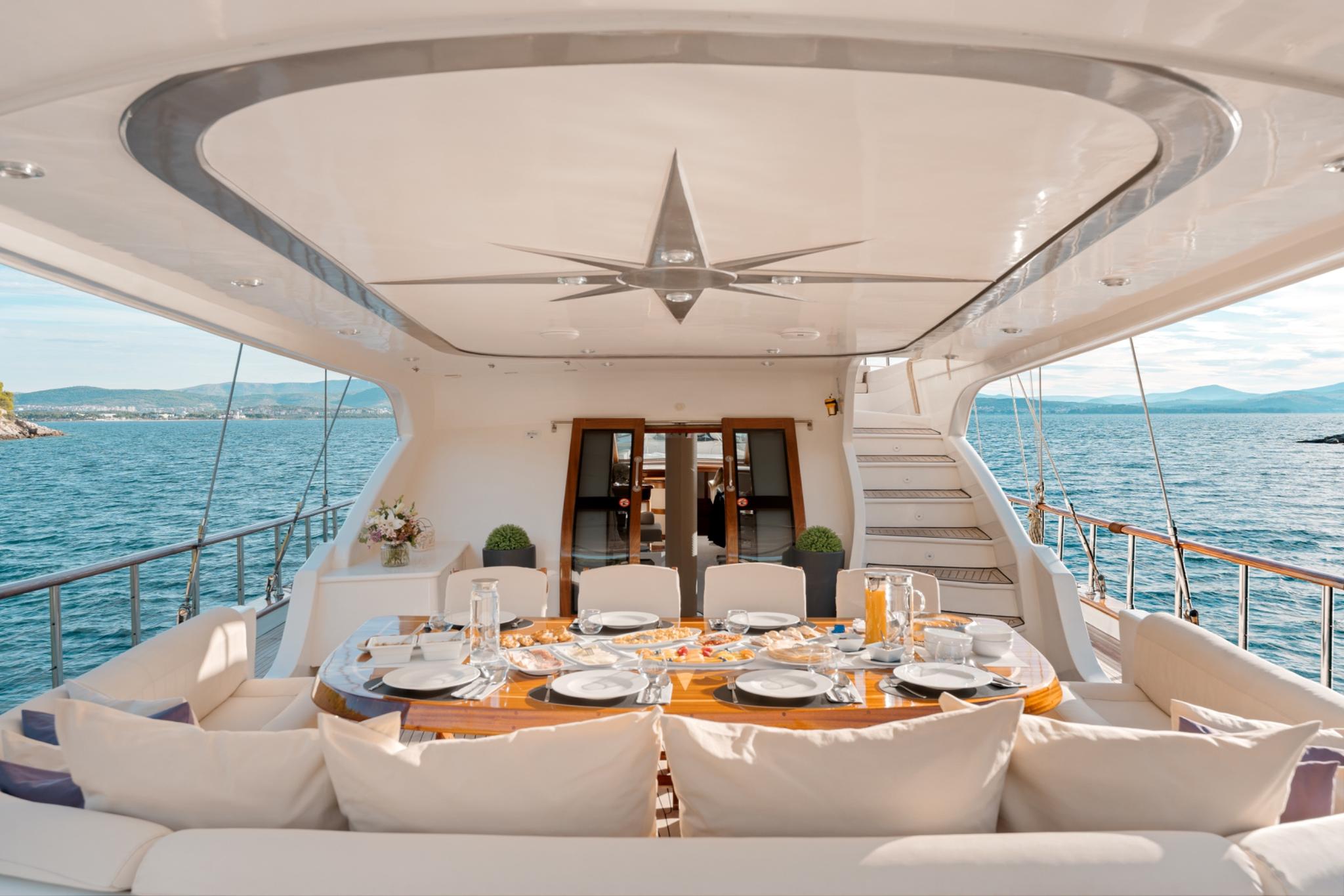 yacht aft deck dining area with round wooden table set for eight guests under hardtop canopy