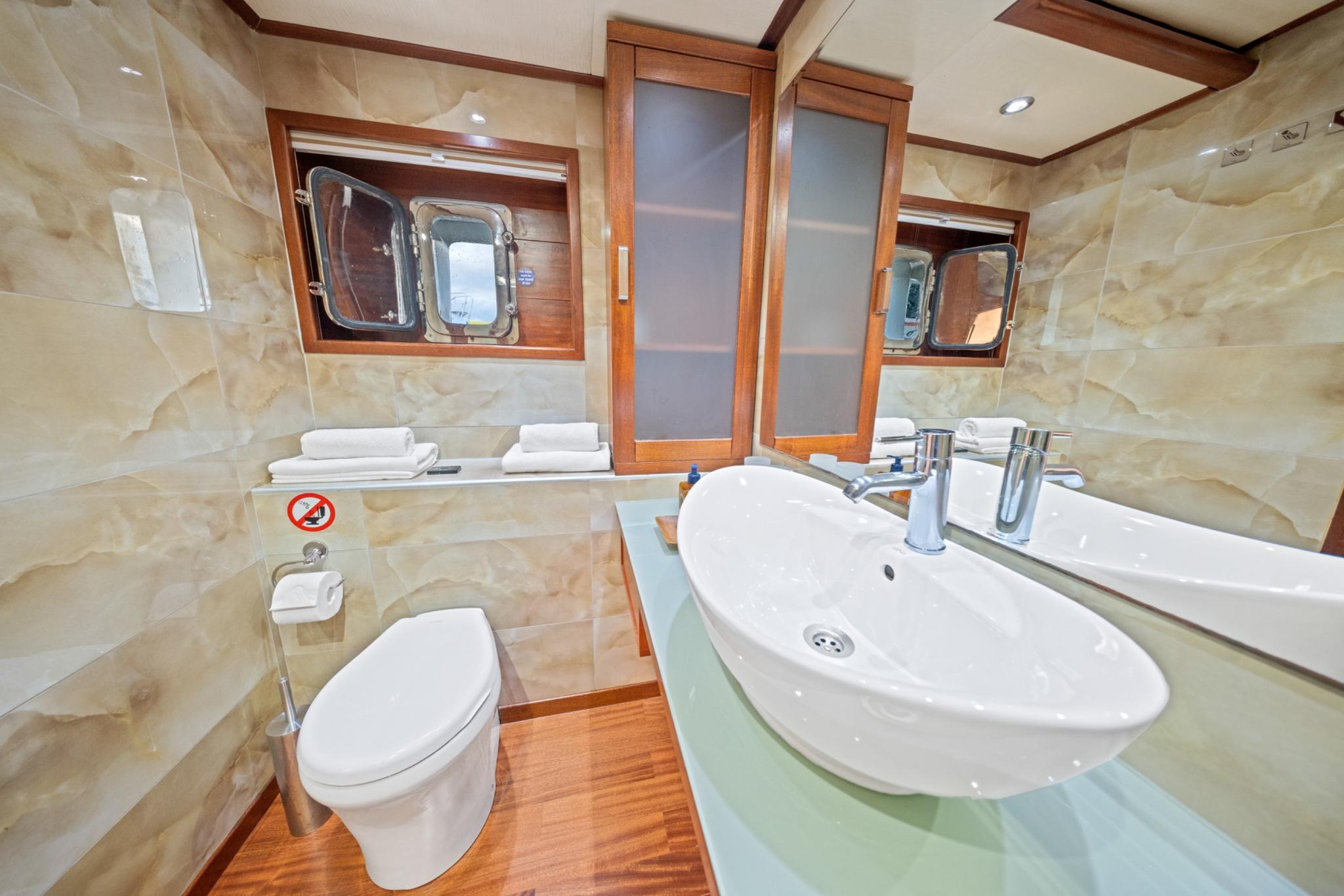 luxury yacht bathroom featuring marble walls, white vessel sink, toilet and frosted glass cabinets