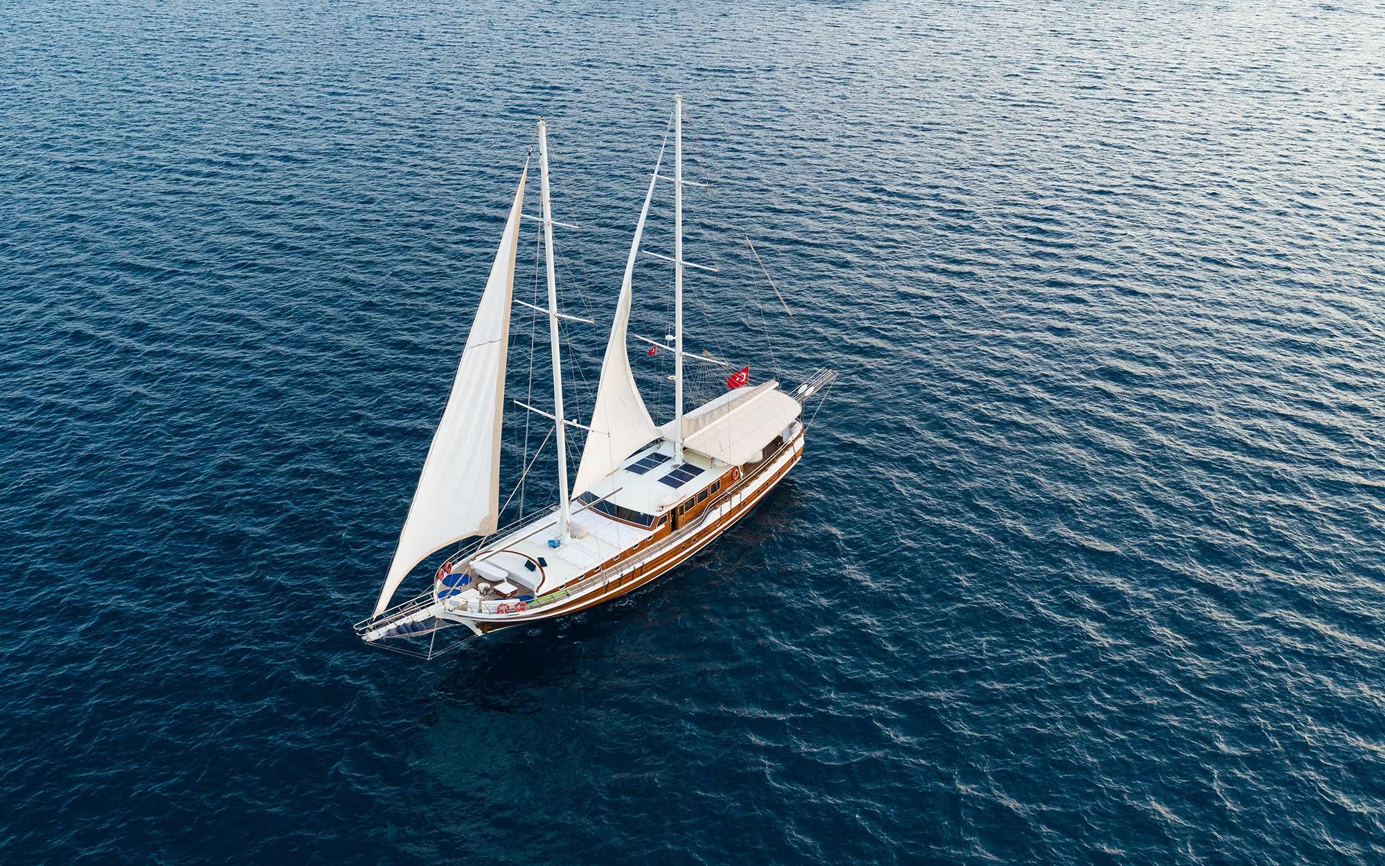 S Nur Taylan gulet aerial view in Türkiye
